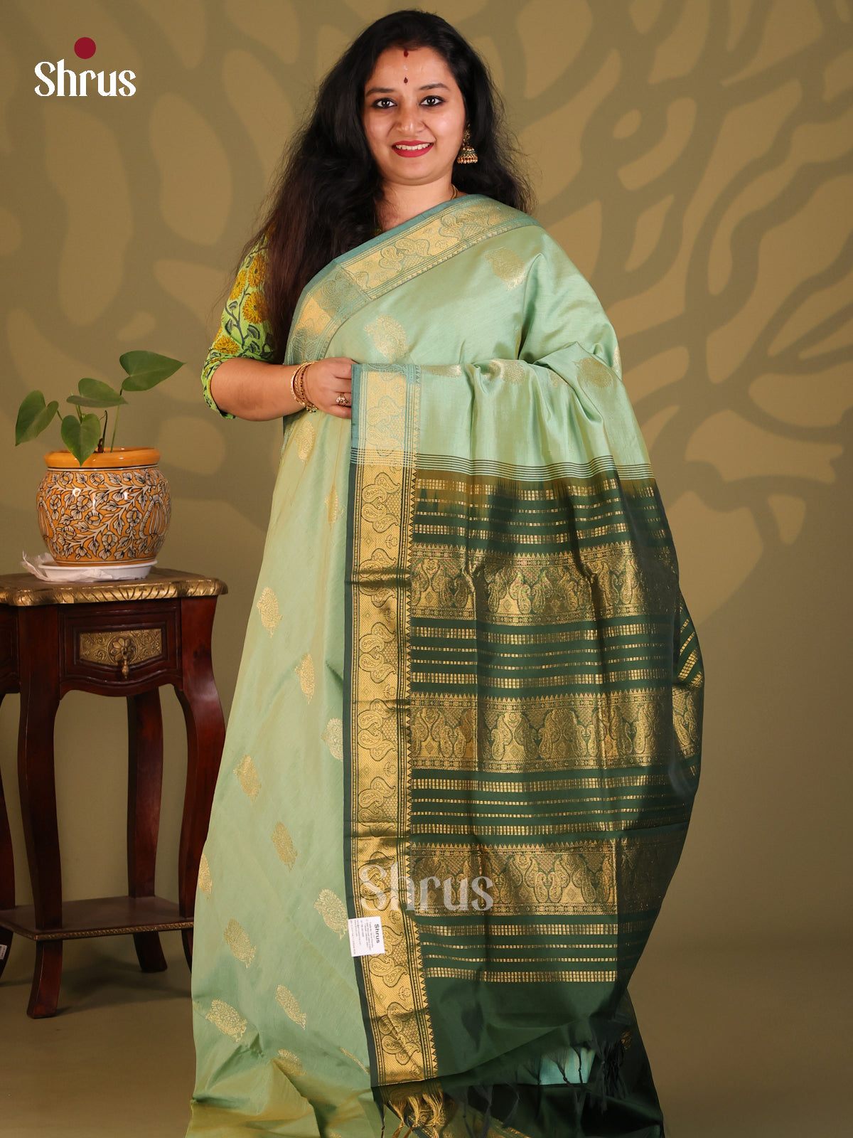 Pastel Green with Green - Silkcotton-halfpure Saree - Shop on Shrus.com