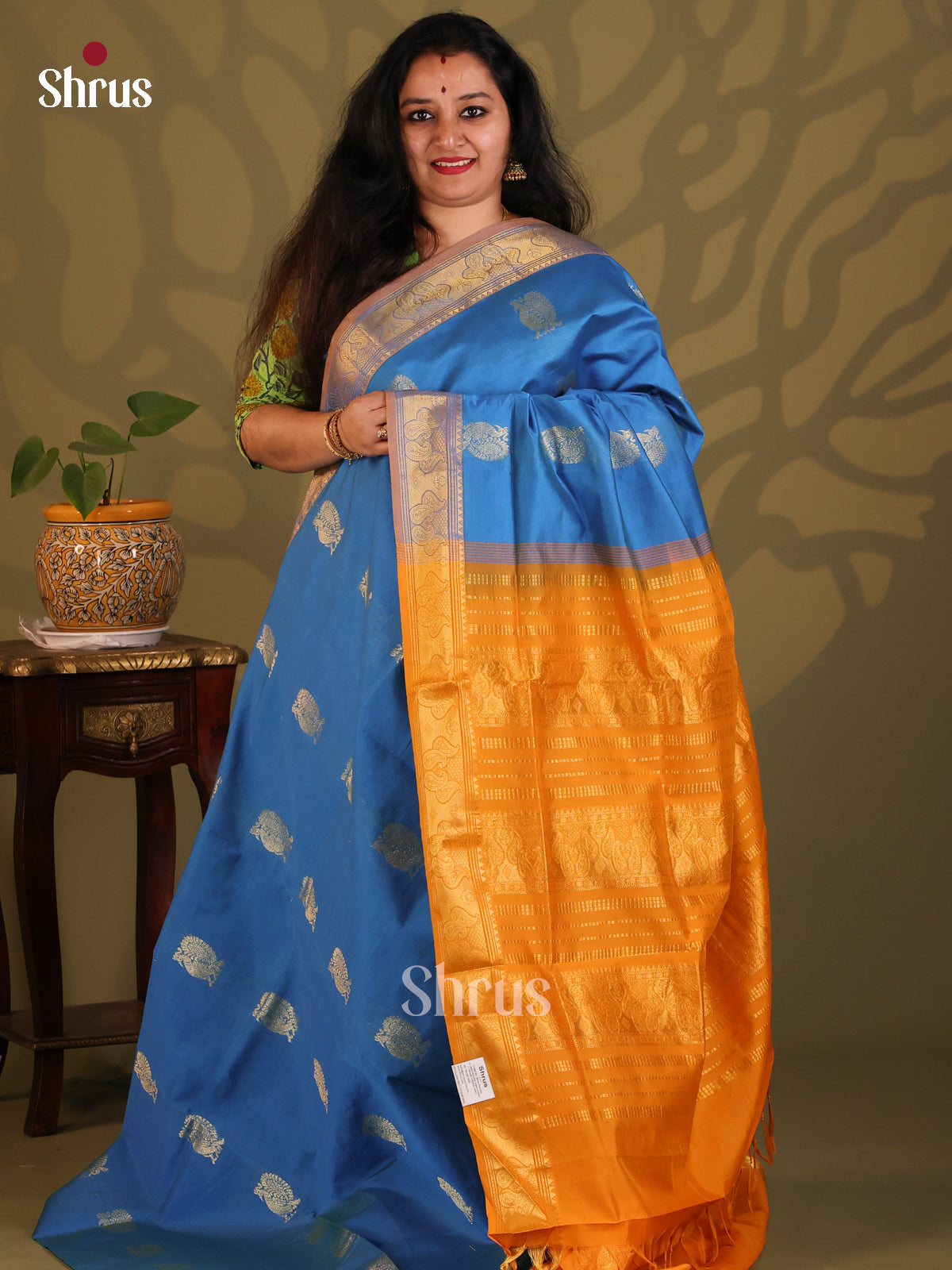 Blue with Brick - Silkcotton-halfpure Saree - Shop on Shrus.com