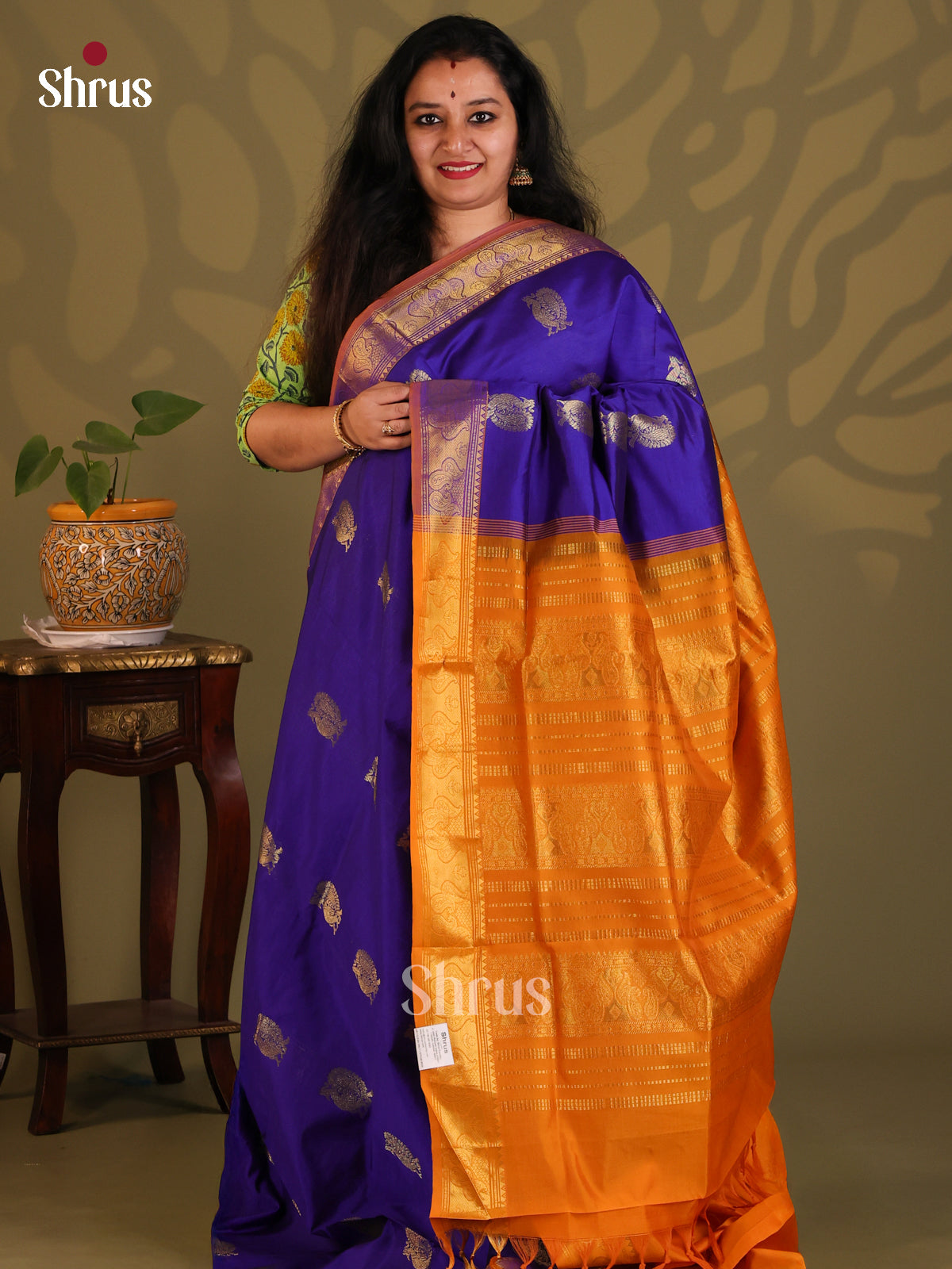 Blue with Brick Orange- Silkcotton-halfpure Saree - Shop on Shrus.com