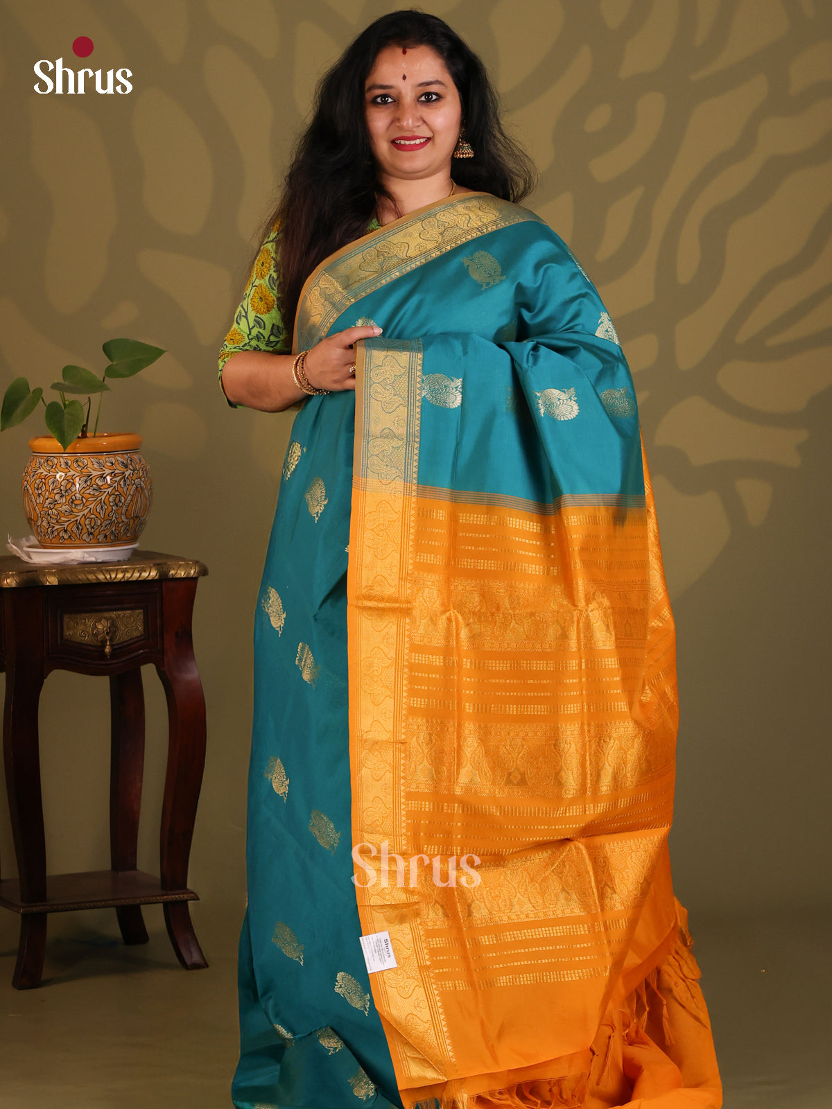 Blue with Mustard- Silkcotton-halfpure Saree - Shop on Shrus.com