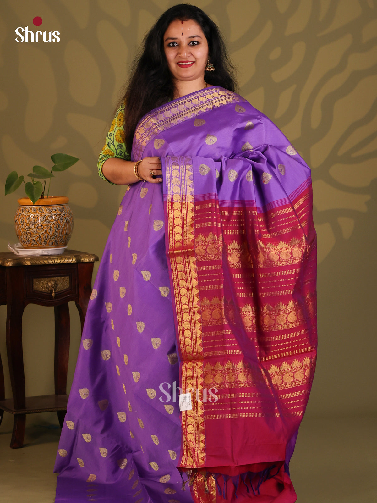 Lavender with Maroon- Silkcotton-halfpure Saree - Shop on Shrus.com
