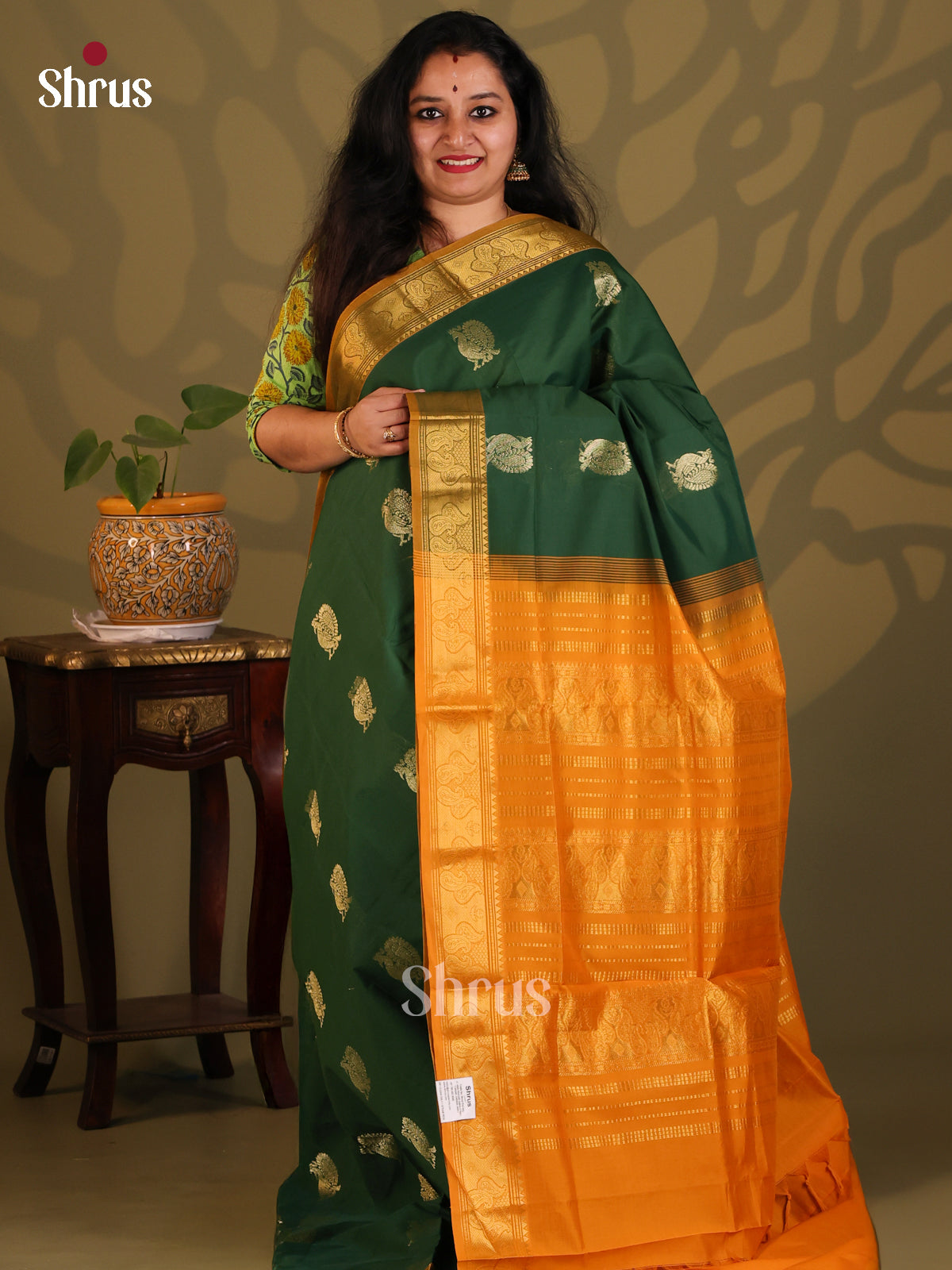 Bottle Green with Brick - Silkcotton-halfpure Saree - Shop on Shrus.com