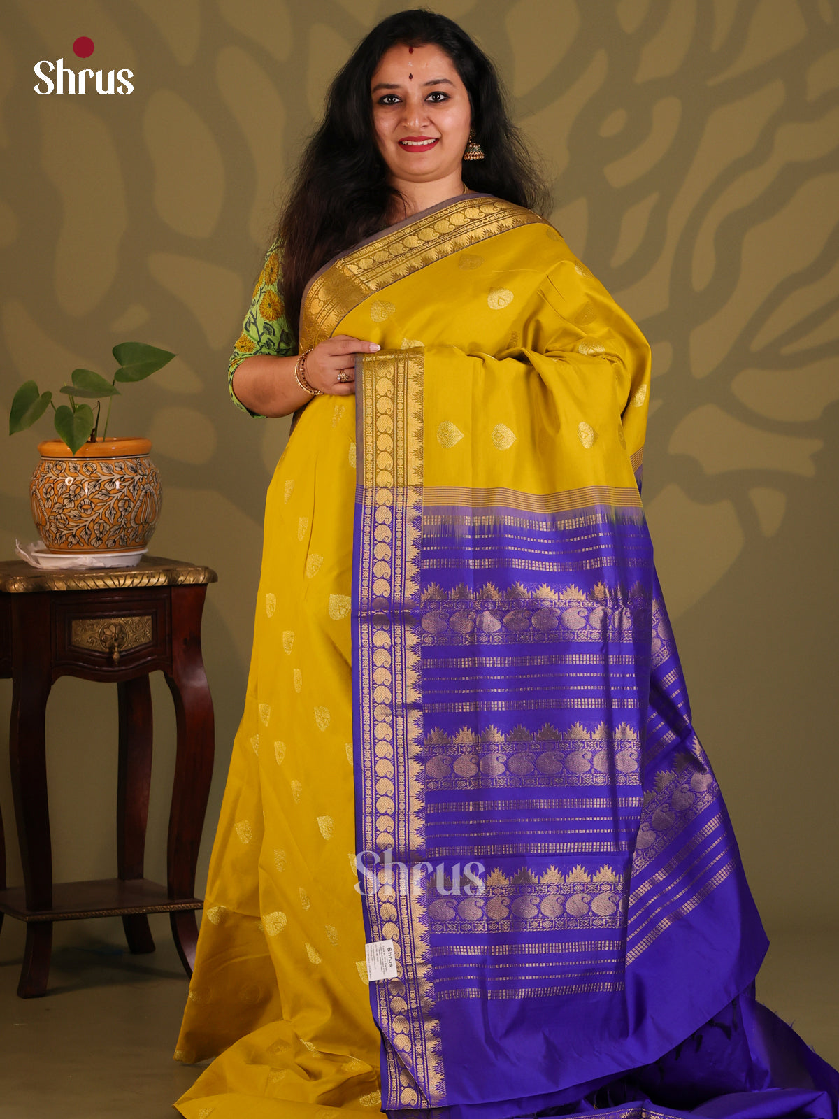 Mustard with Blue - Silkcotton-halfpure Saree - Shop on Shrus.com