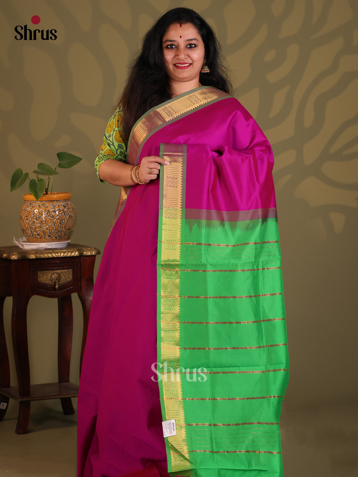 Purple with Green- Silkcotton-halfpure Saree - Shop on Shrus.com