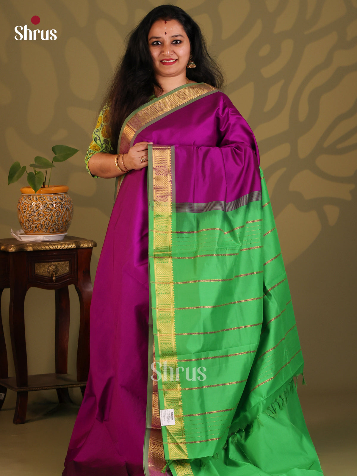 Purple with Green- Silkcotton-halfpure Saree - Shop on Shrus.com