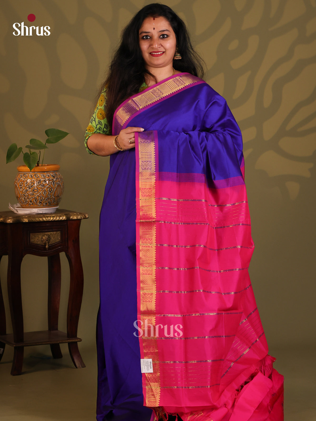 Blue with Purple- Silkcotton-halfpure Saree - Shop on Shrus.com