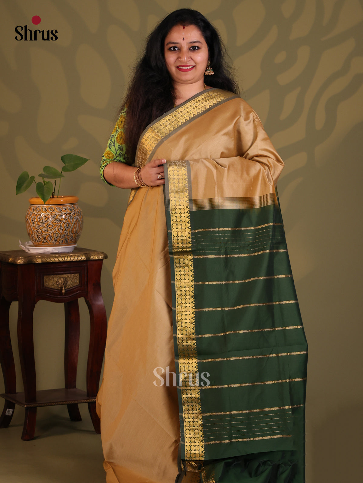 Sandal with Green- Silkcotton-halfpure Saree - Shop on Shrus.com