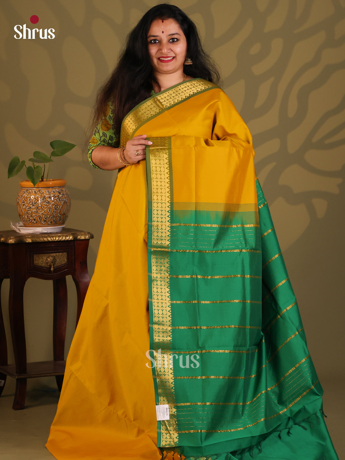 Mustard with Green- Silkcotton-halfpure Saree - Shop on Shrus.com