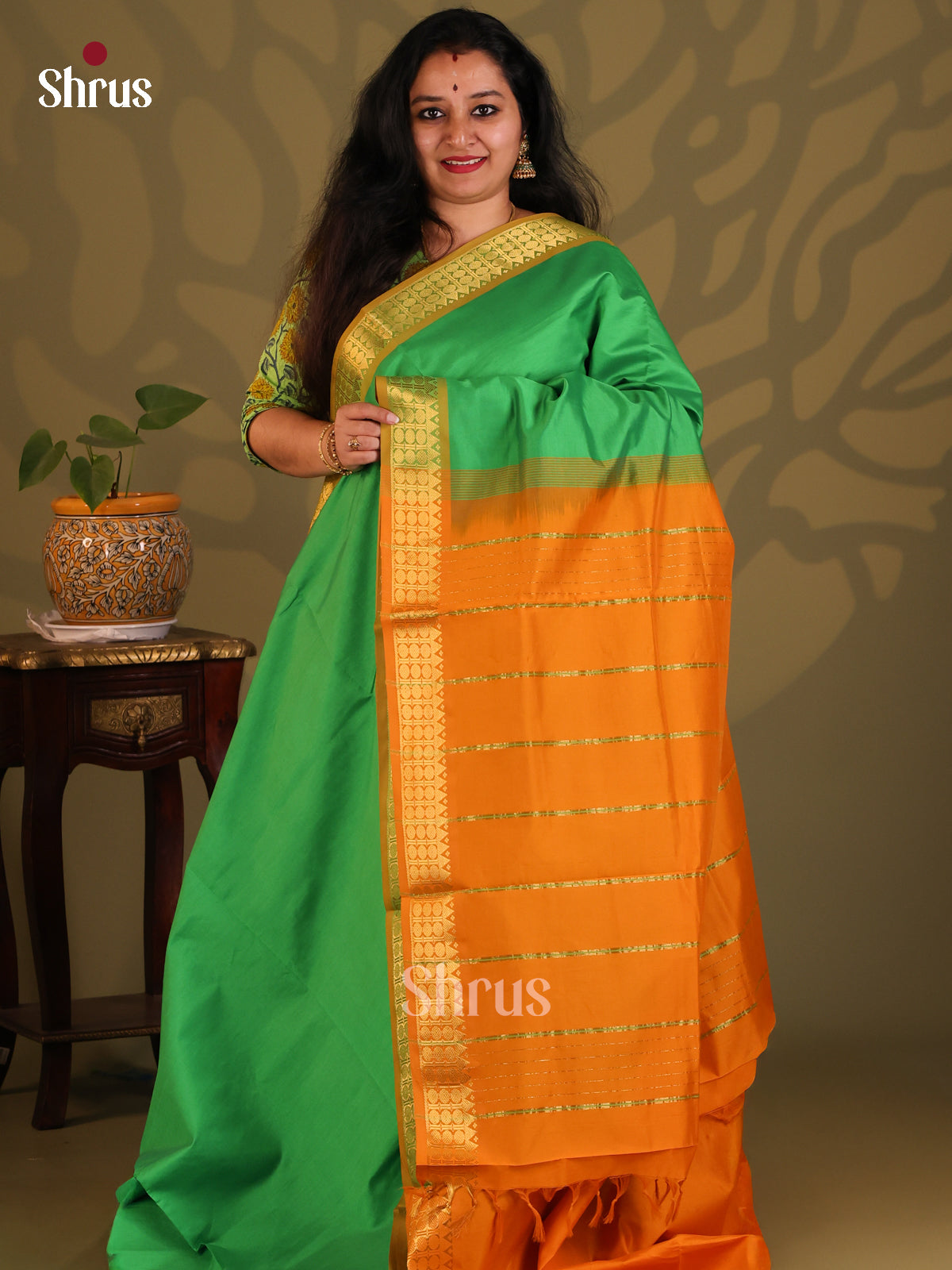 Green with Brick - Silkcotton-halfpure Saree - Shop on Shrus.com