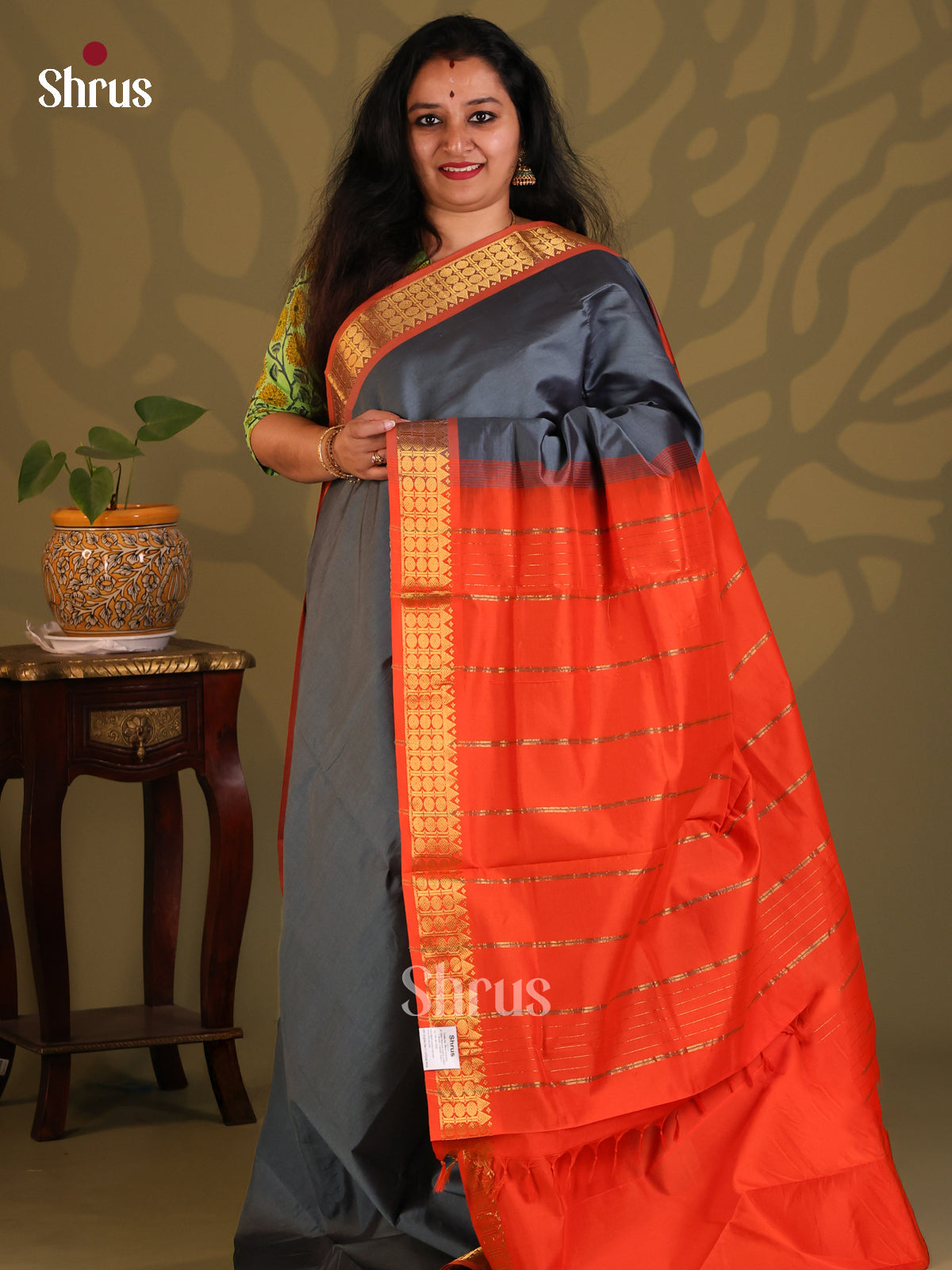 Elephant Black with Red - Silkcotton-halfpure Saree - Shop on Shrus.com