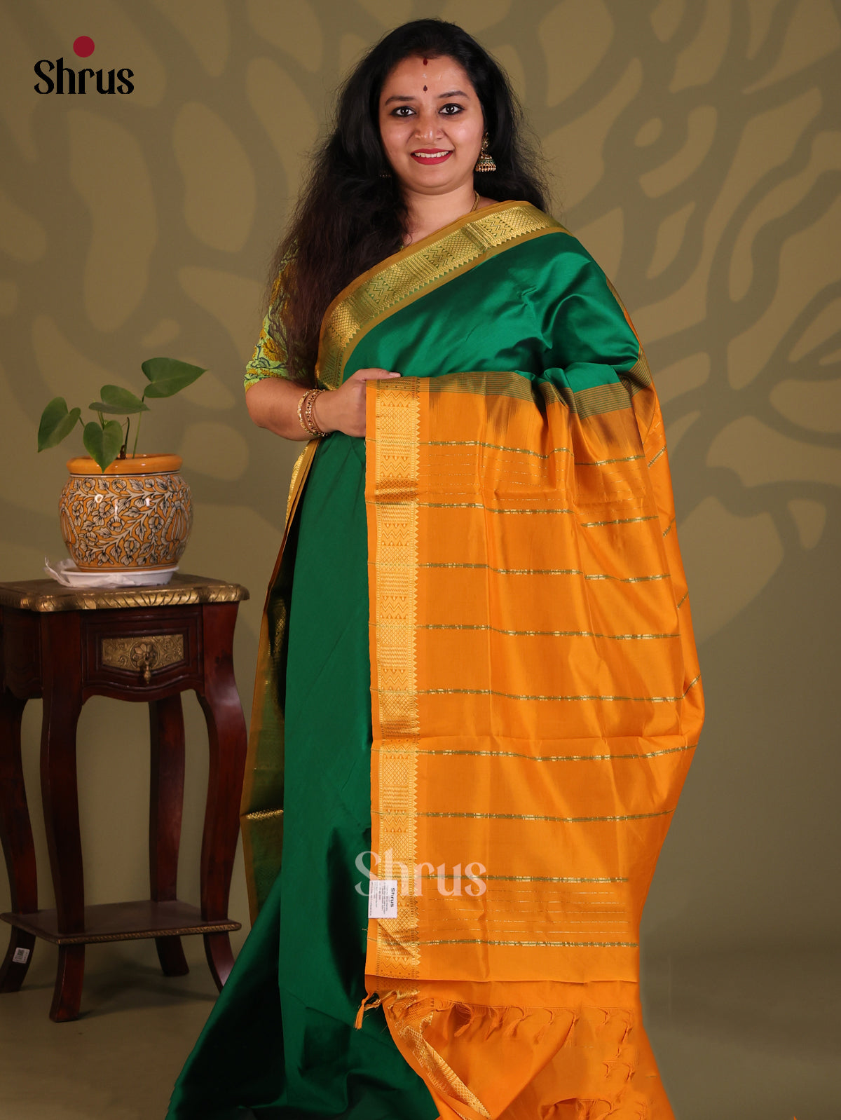 Green with Mustard - Silkcotton-halfpure Saree - Shop on Shrus.com