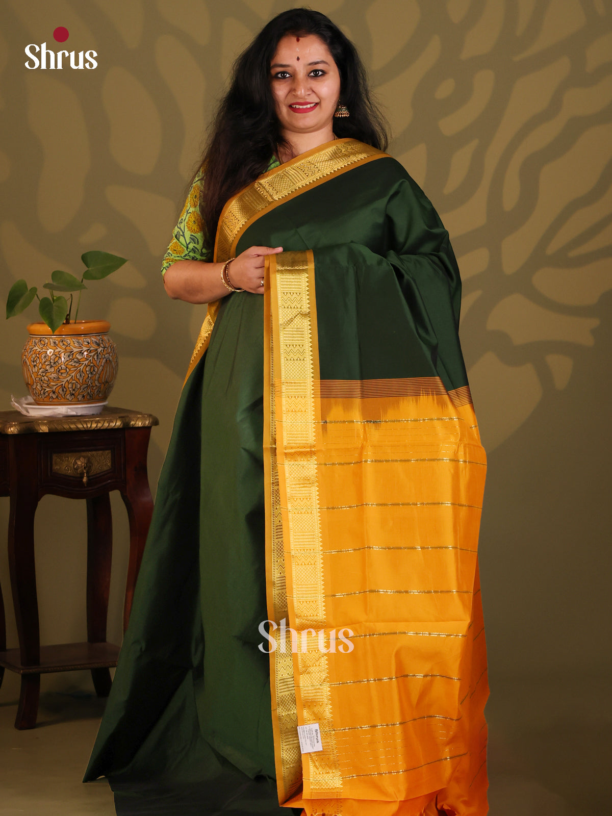 Bottle Green with Mustard- Silkcotton-halfpure Saree - Shop on Shrus.com