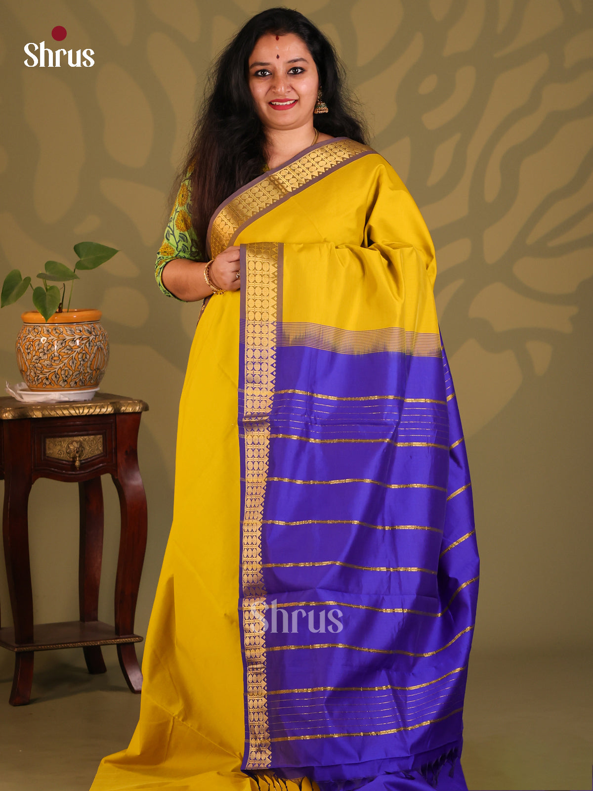 Mustard with Blue- Silkcotton-halfpure Saree - Shop on Shrus.com