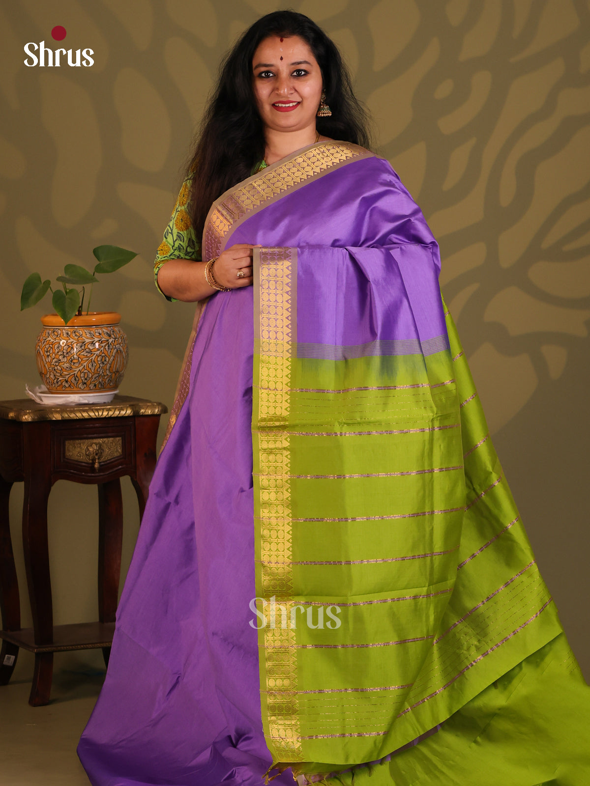 Lavender with Green - Silkcotton-halfpure Saree - Shop on Shrus.com