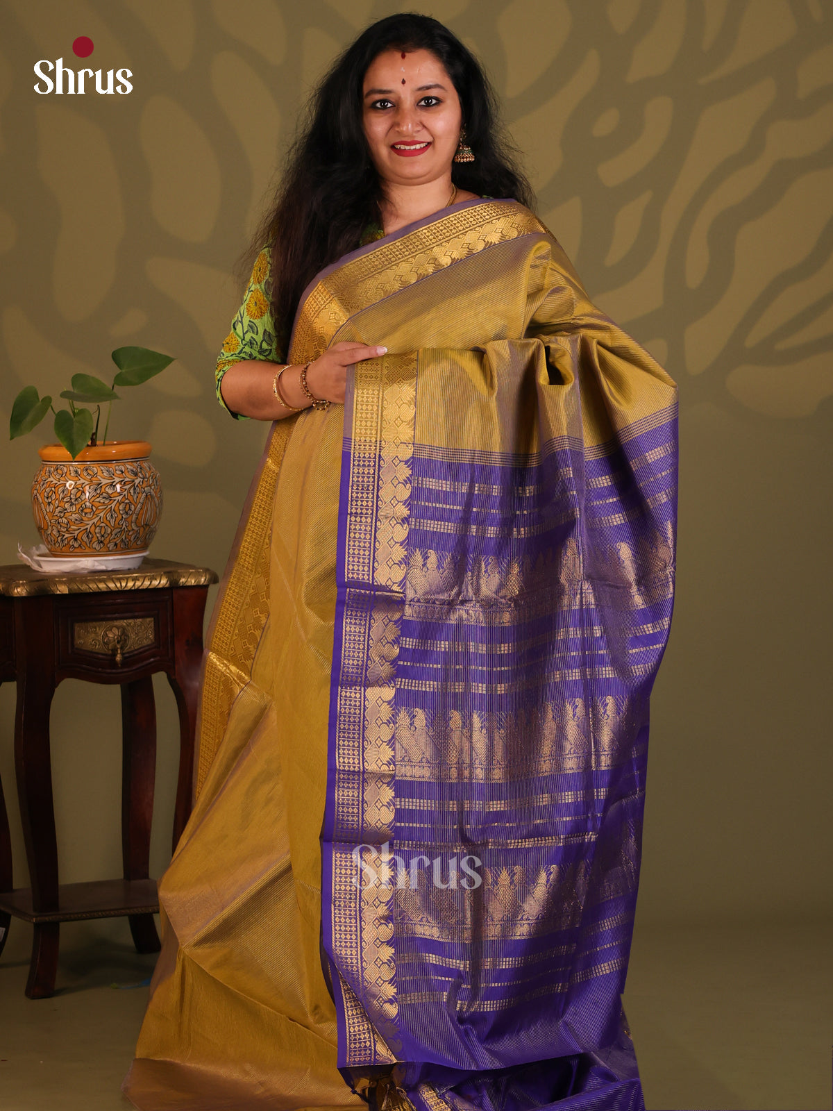 Mustard Green with Blue- Silkcotton-halfpure Saree - Shop on Shrus.com
