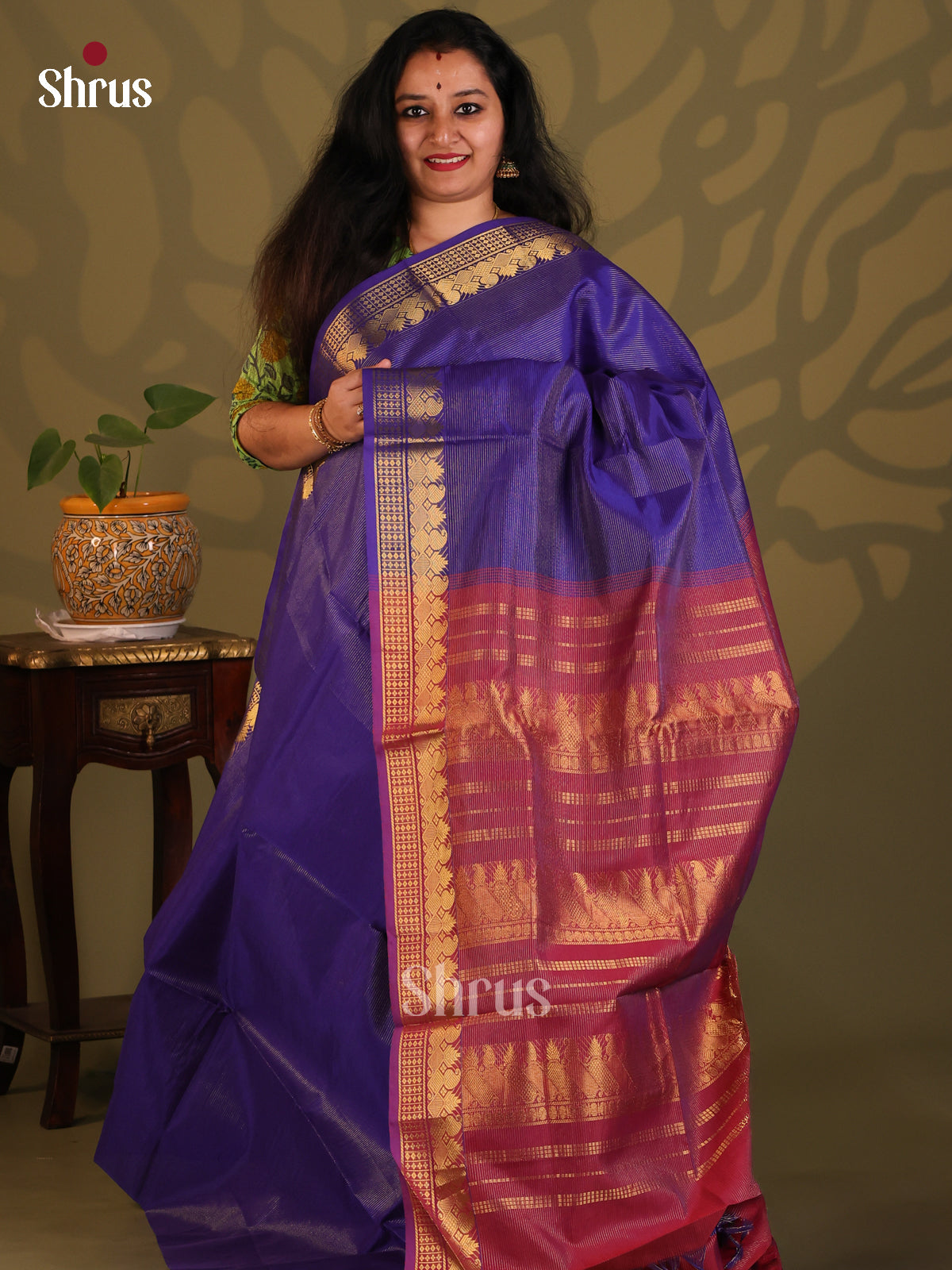 Blue & Maroon- Silkcotton-halfpure Saree - Shop on Shrus.com