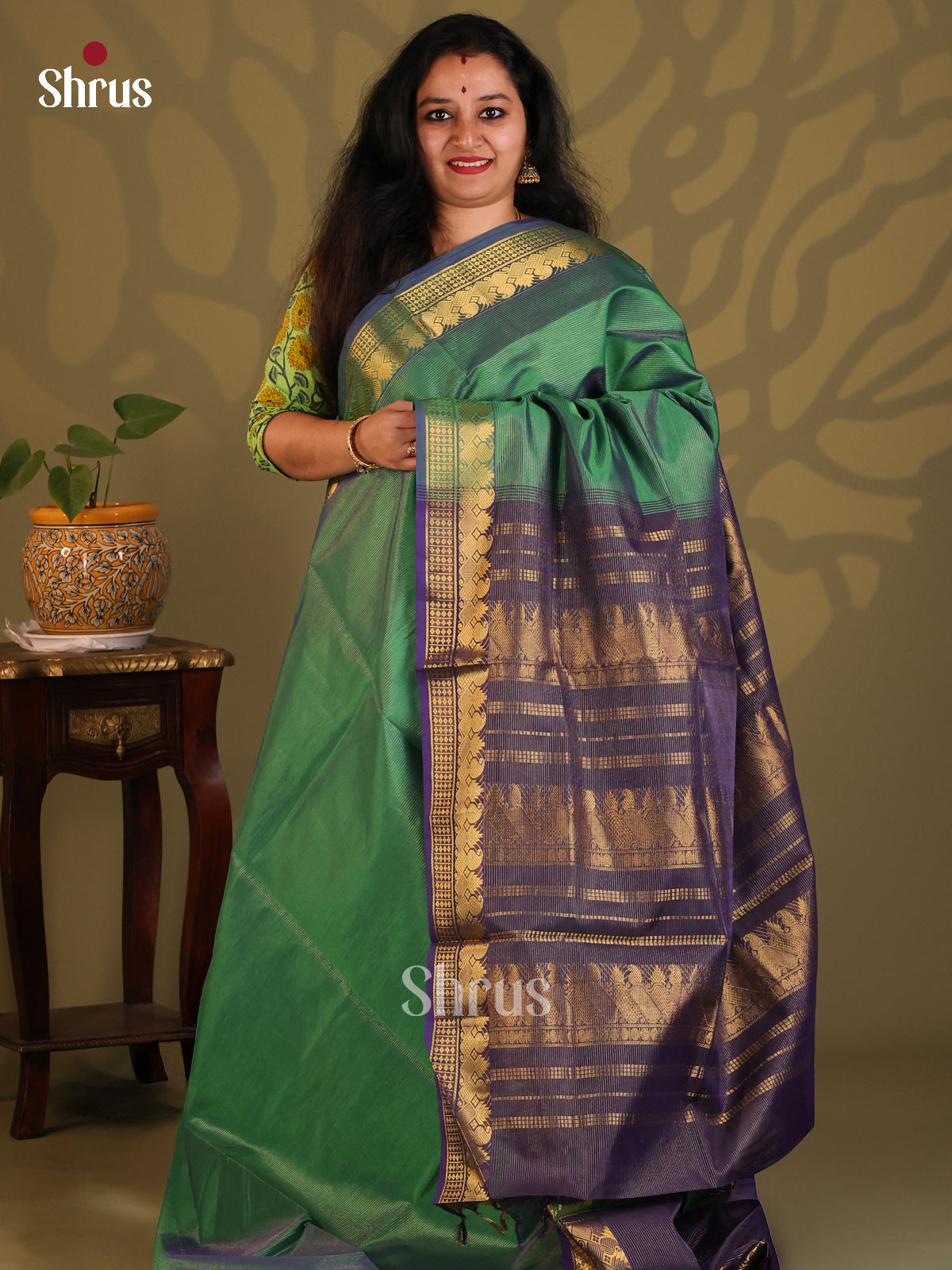 Green with Blue - Silkcotton-halfpure Saree - Shop on Shrus.com