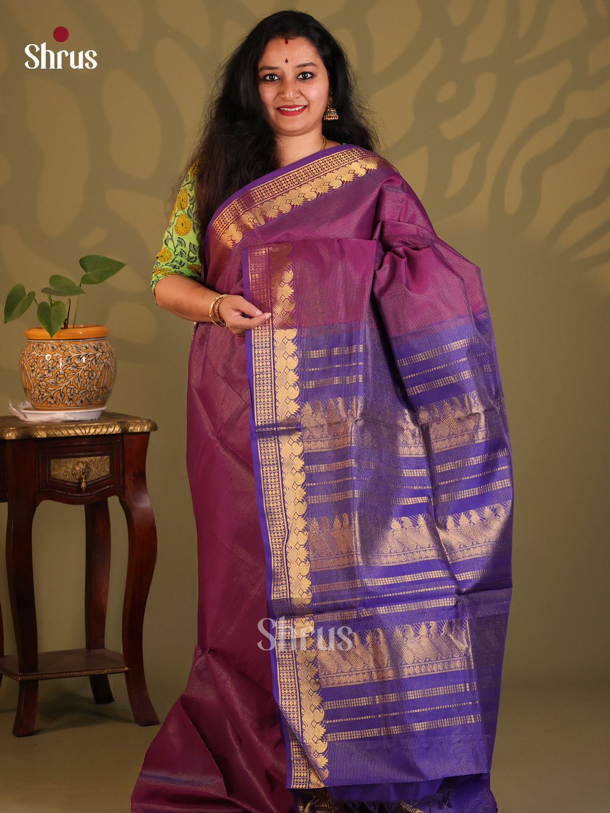 Purple with Blue - Silkcotton-halfpure Saree - Shop on Shrus.com