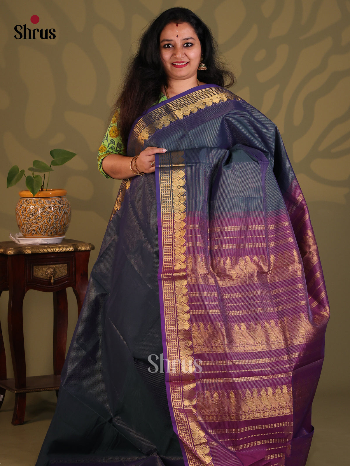 Peacock Blue with Purple Silkcotton-halfpure Saree - Shop on Shrus.com