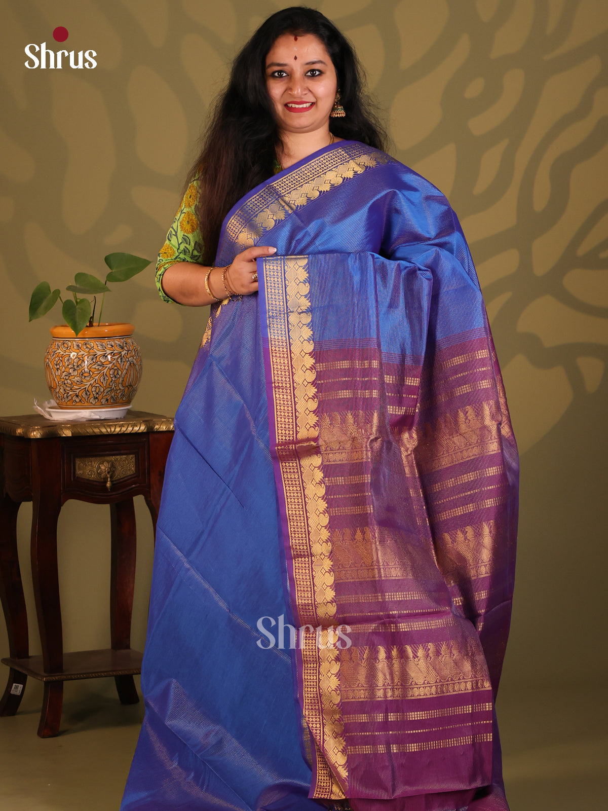 Blue with Purple- Silkcotton-halfpure Saree - Shop on Shrus.com