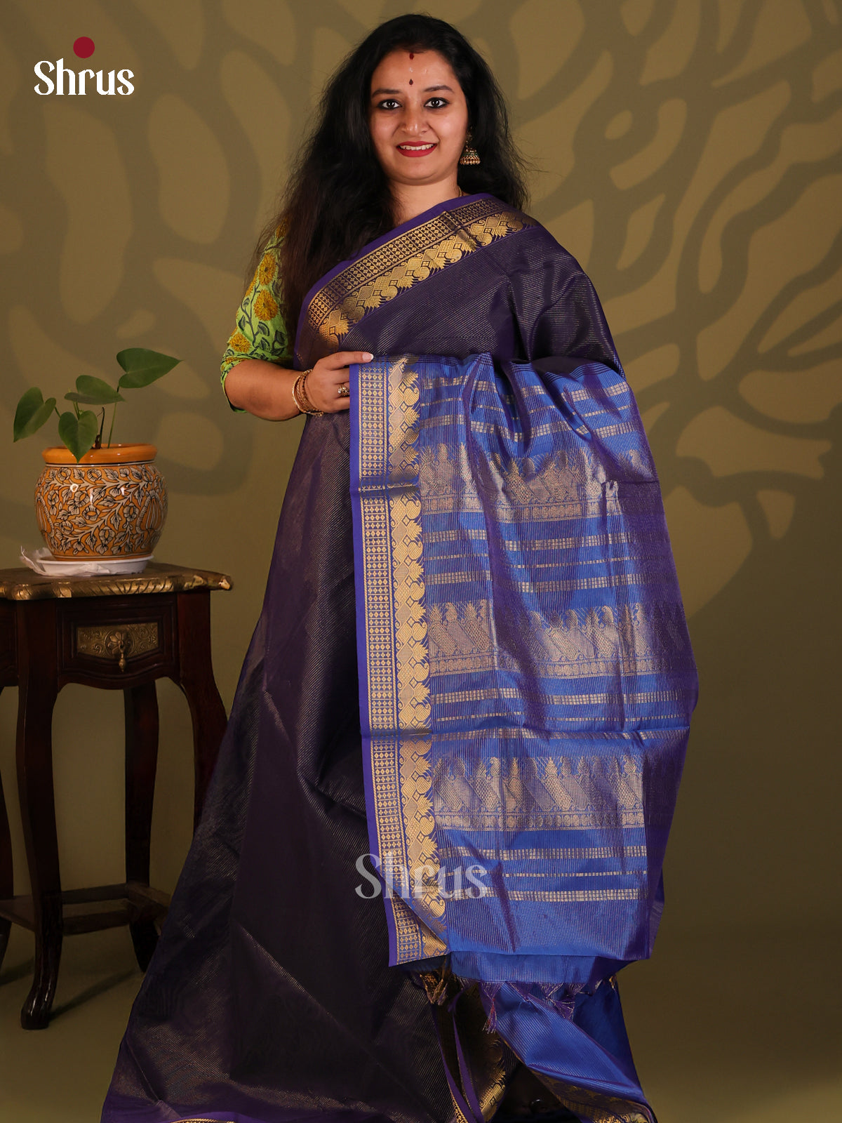 Navy Blue & Blue- Silkcotton-halfpure Saree - Shop on Shrus.com