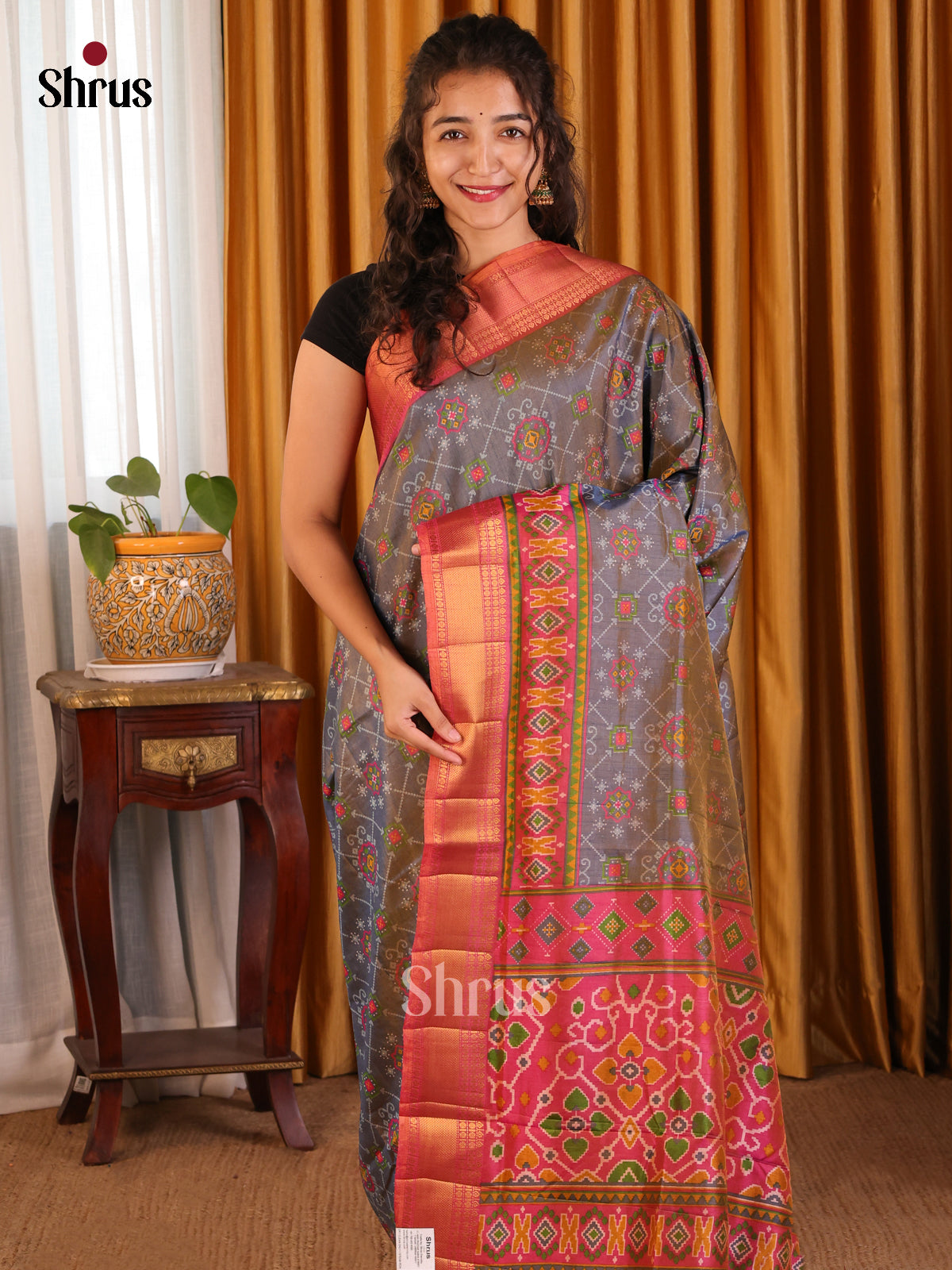 Greenish Grey with Orangish Pink - Semi Patola Saree - Shop on Shrus.com