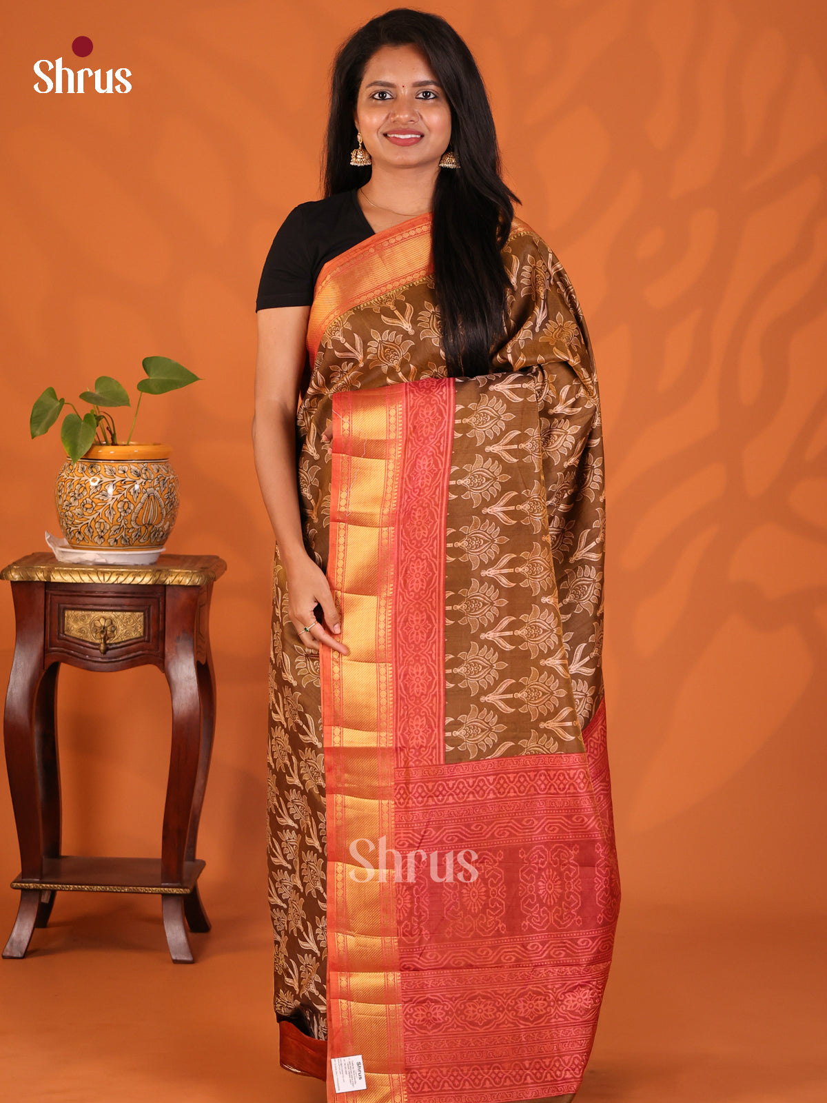 Brown with Brick - Semi Patola Saree - Shop on Shrus.com