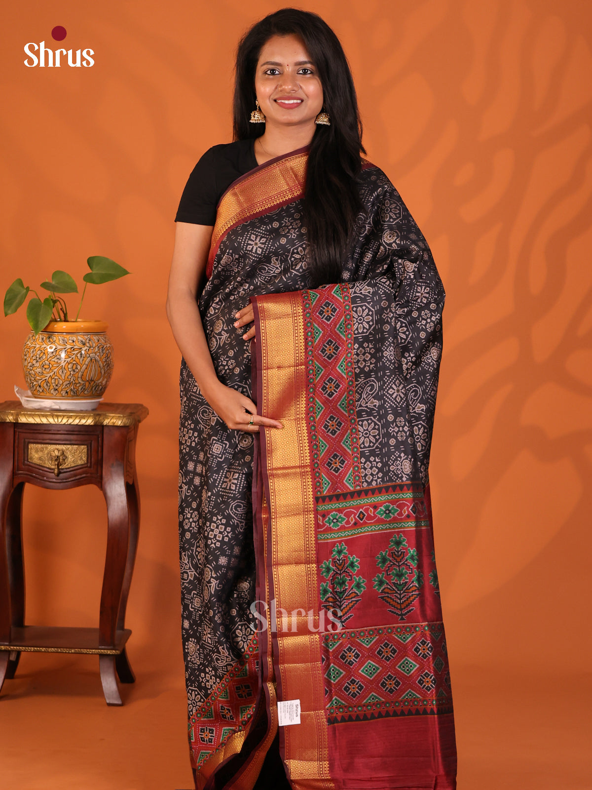 Black & Maroon - Semi Patola Saree - Shop on Shrus.com