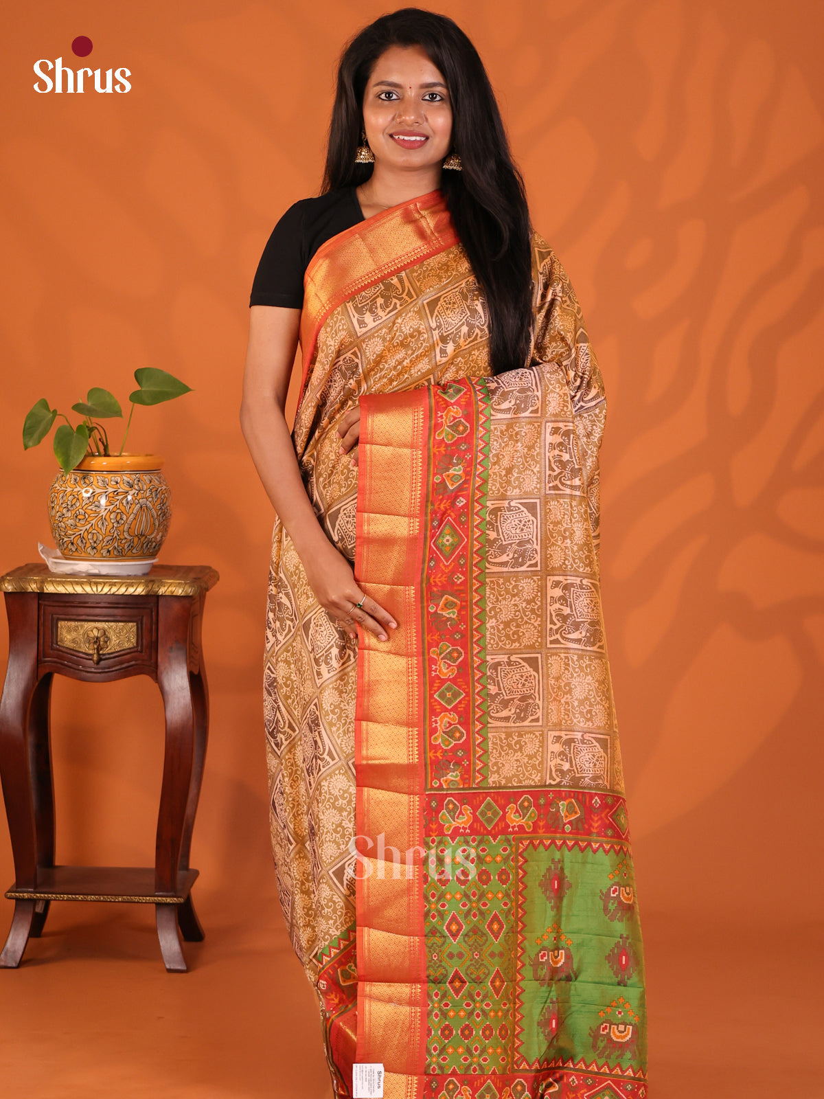 Brown with Orange - Semi Patola Saree - Shop on Shrus.com