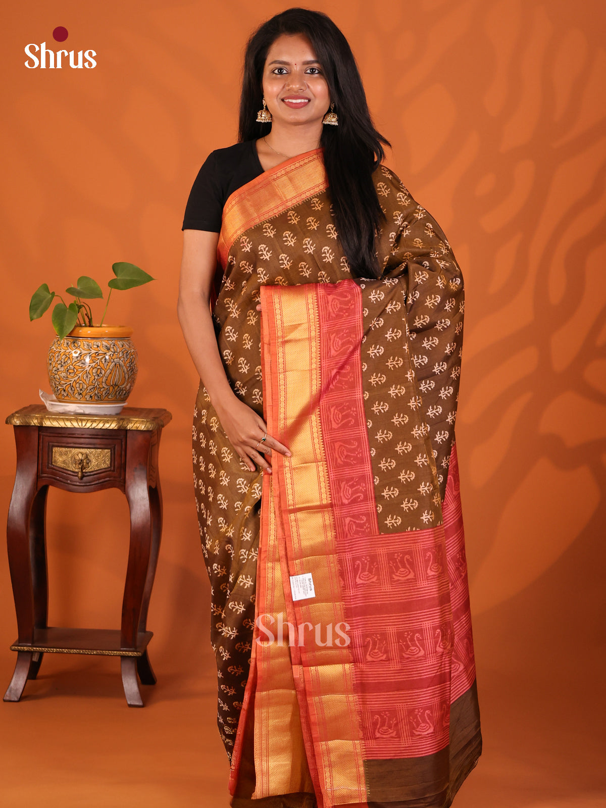 Brown with Orange - Semi Patola Saree - Shop on Shrus.com