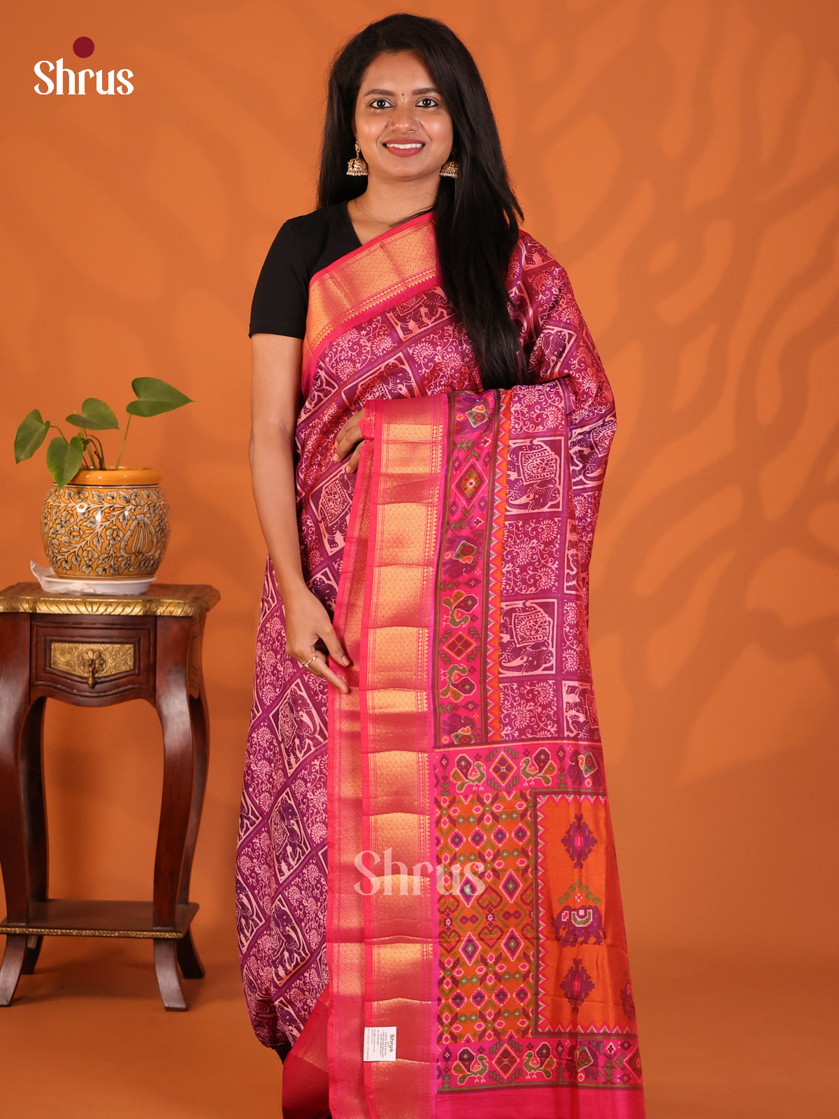 Purple with Pink - Semi Patola Saree - Shop on Shrus.com
