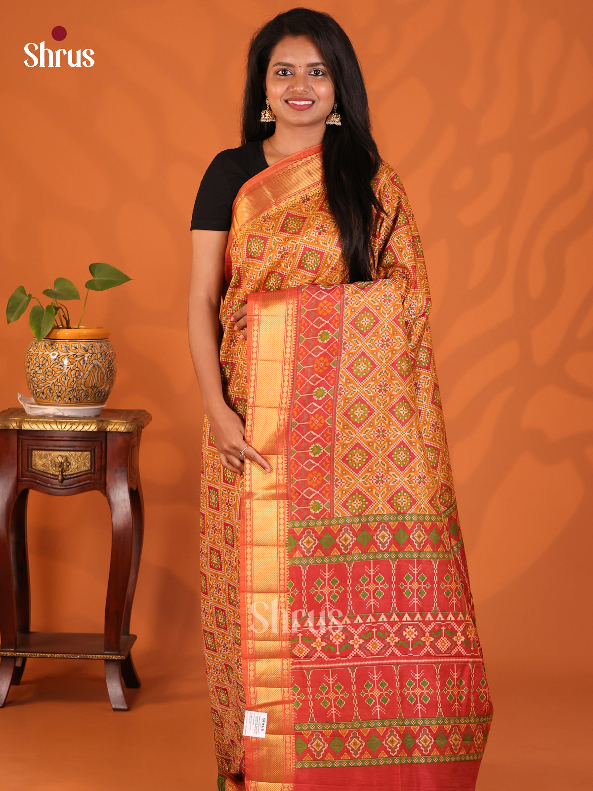 Mustard with Brick - Semi Patola Saree - Shop on Shrus.com