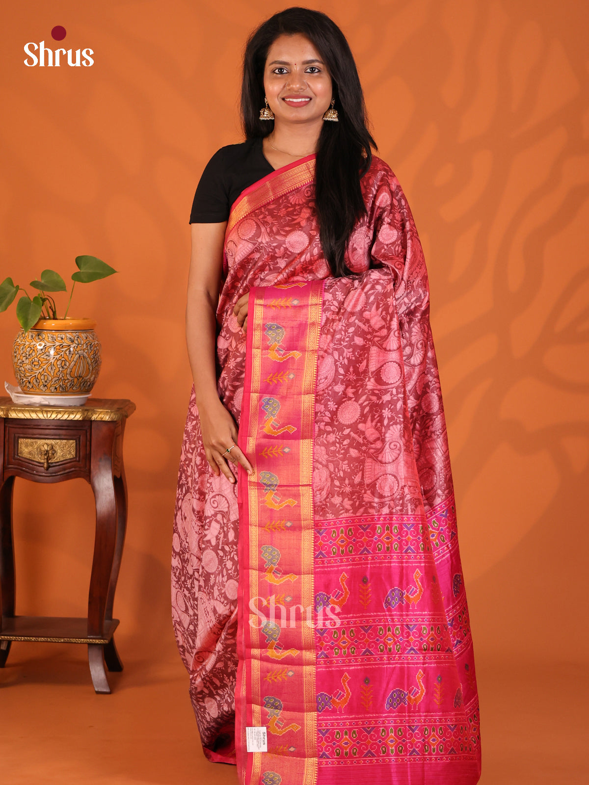 Maroon & Pink - Semi Patola Saree - Shop on Shrus.com