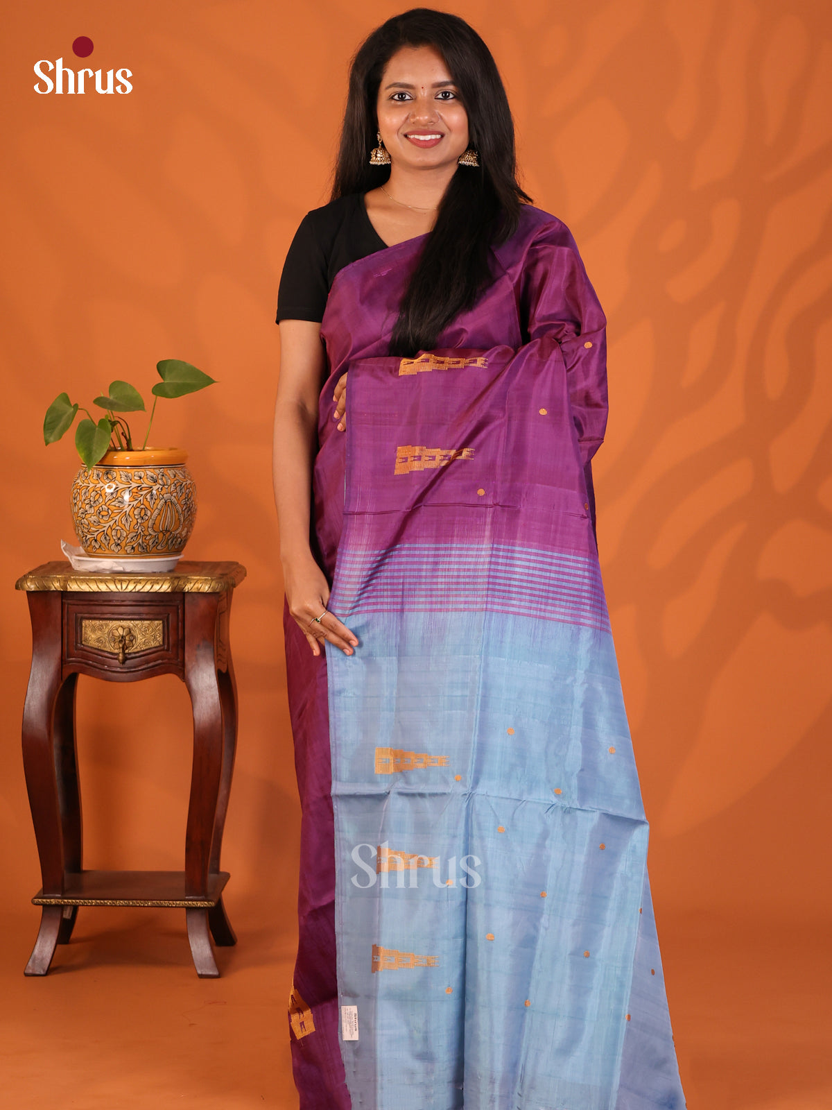 Purple with Lite Blue - Banana Pith Saree - Shop on Shrus.com