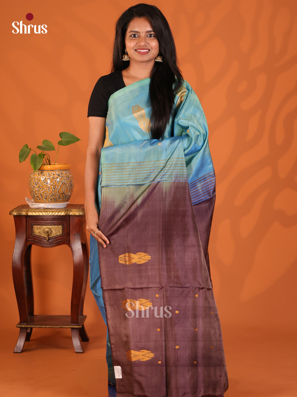Blue with Brown - Banana Pith Saree - Shop on Shrus.com