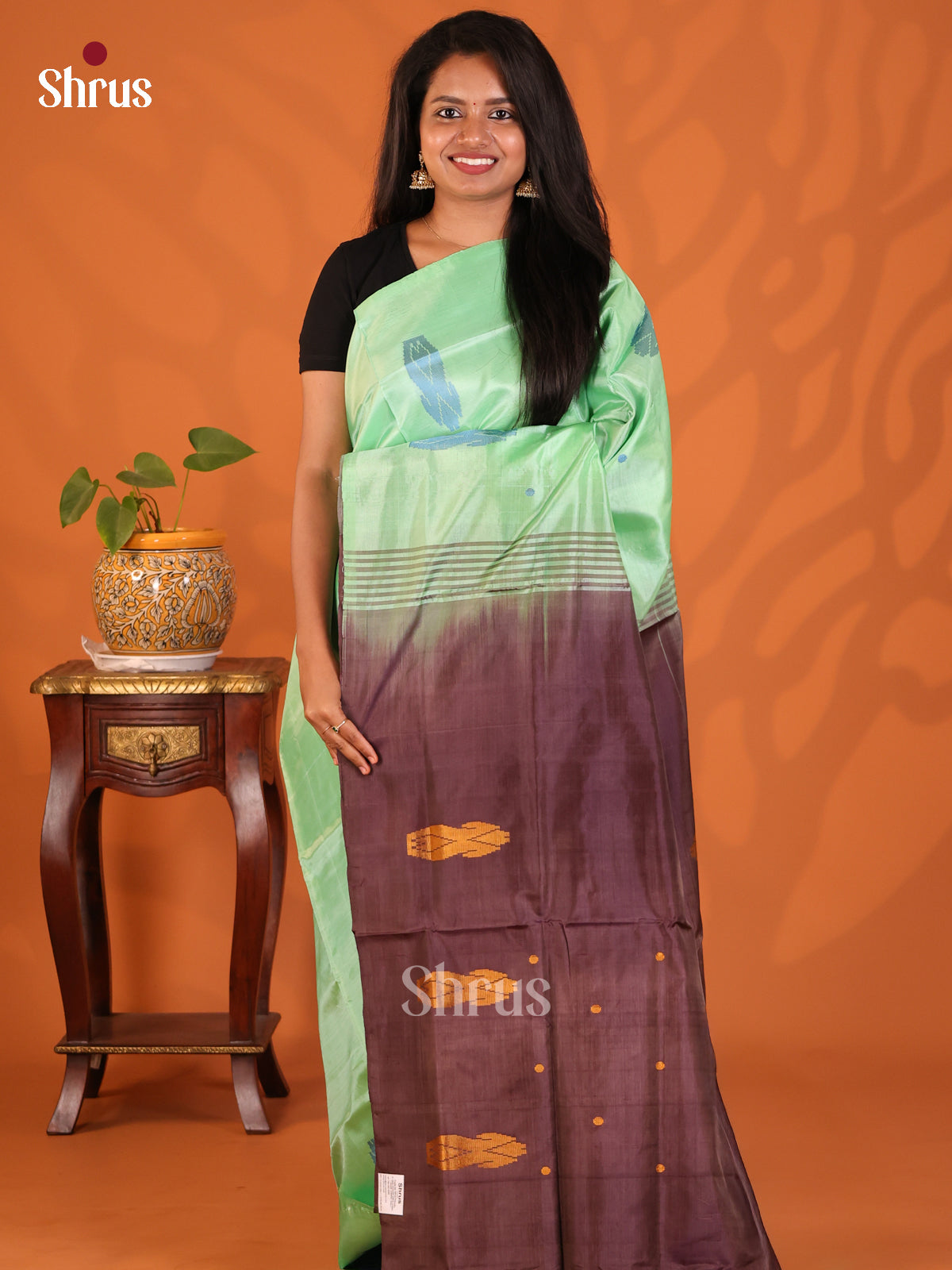Pista Green with Brown - Banana Pith Saree - Shop on Shrus.com