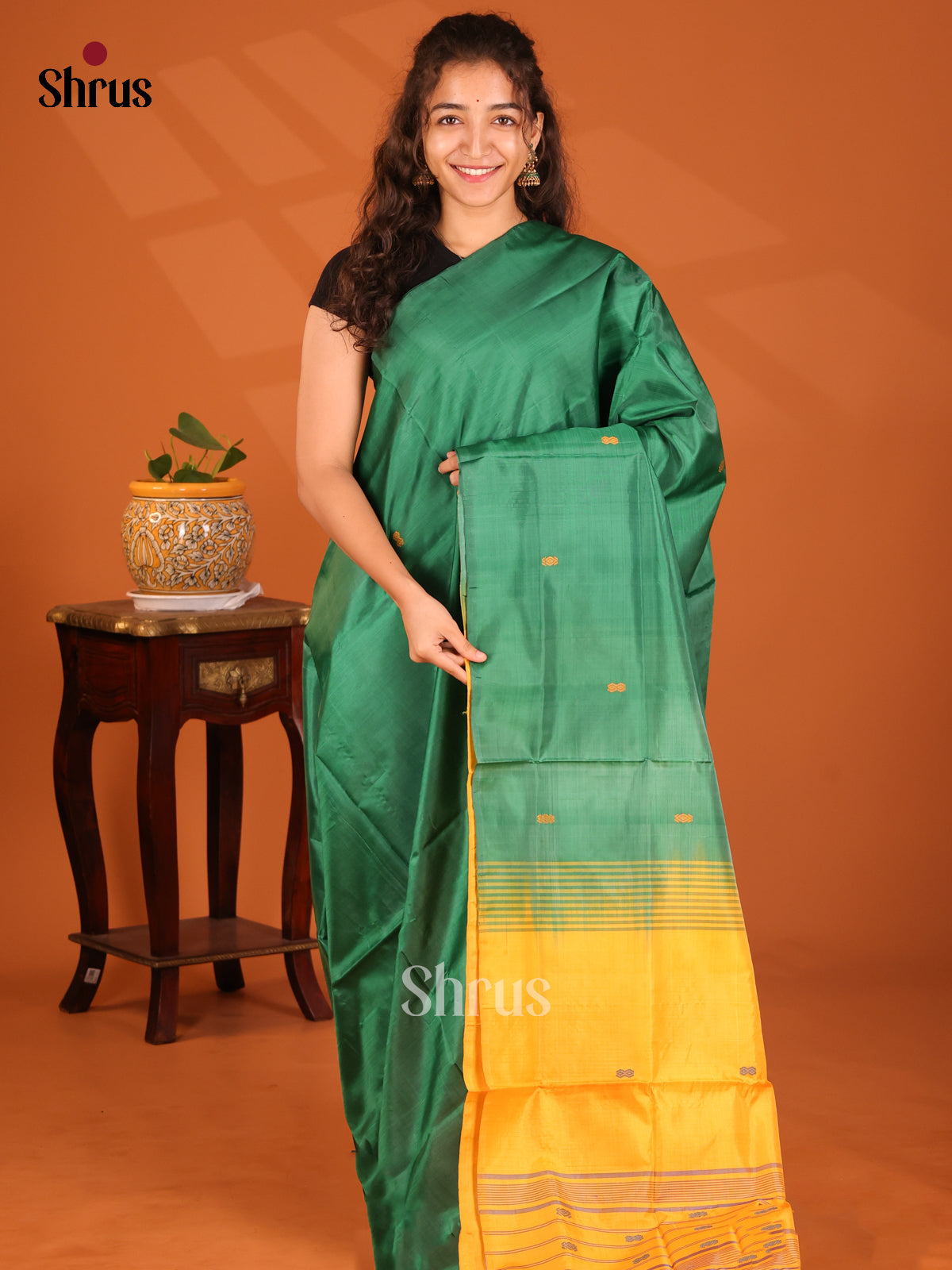 Green with Yellow- Banana Pith Saree - Shop on Shrus.com