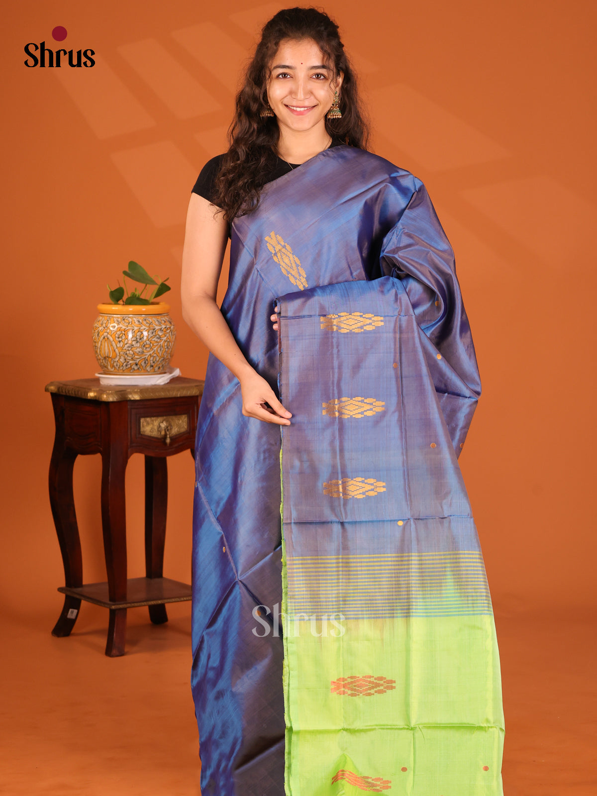Blue with Green- Banana Pith Saree - Shop on Shrus.com