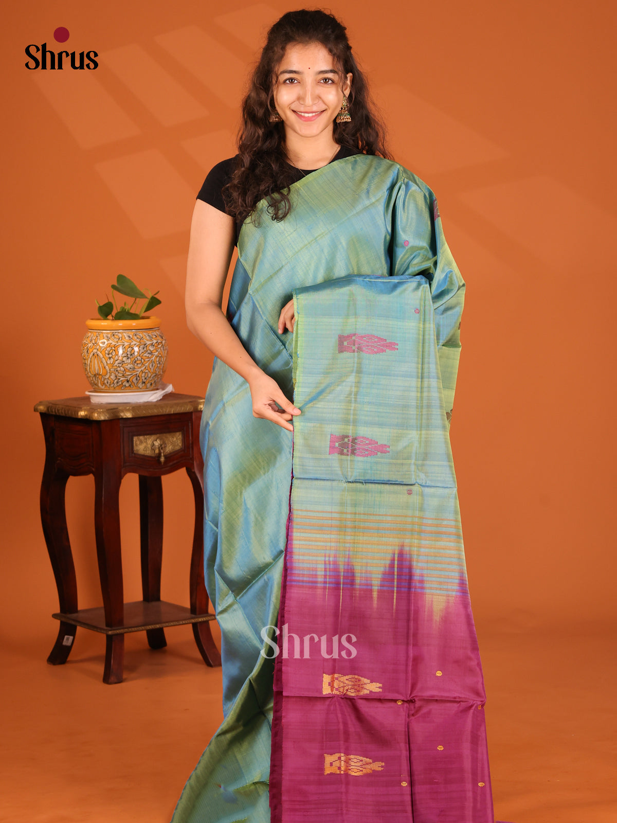 Green with Purple- Banana Pith Saree - Shop on Shrus.com