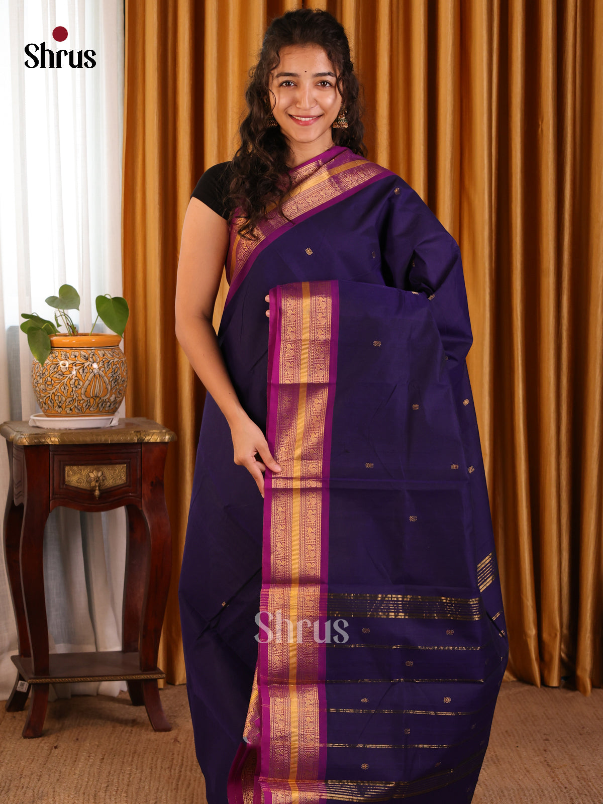 Regal Violet Chettinad Cotton Saree with Thread Buttas & Gold Zari Border - Shop on Shrus.com