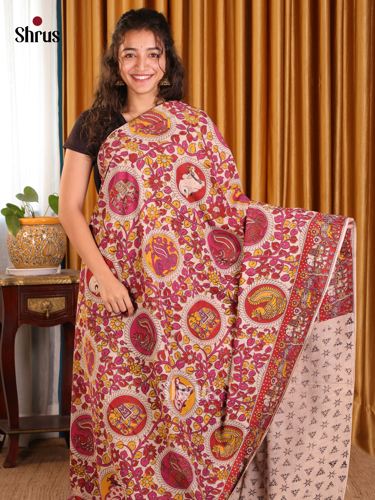 Cream & Pink - kalamkari-cotton Saree - Shop on Shrus.com
