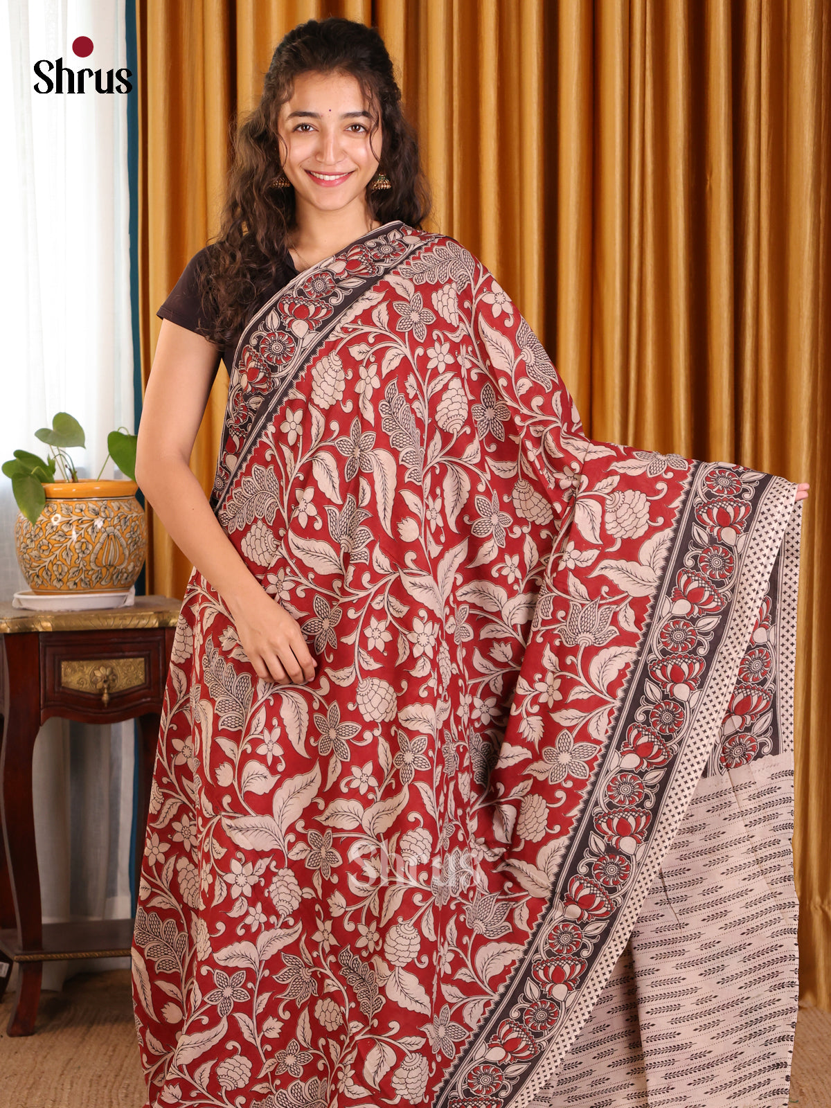 Red & Cream - kalamkari-cotton Saree - Shop on Shrus.com