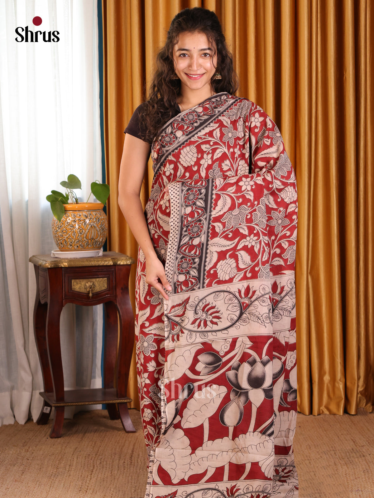 Red & Cream - kalamkari-cotton Saree - Shop on Shrus.com