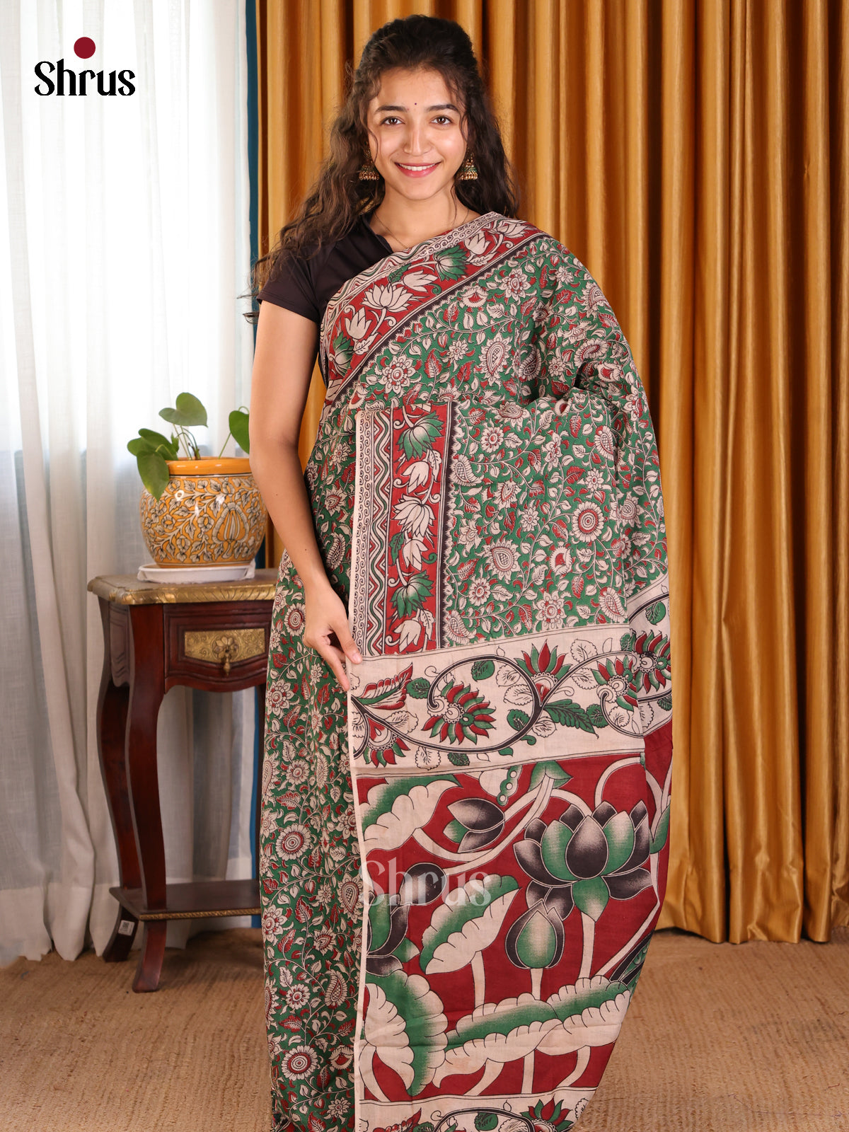 Green & Maroon- kalamkari-cotton Saree - Shop on Shrus.com
