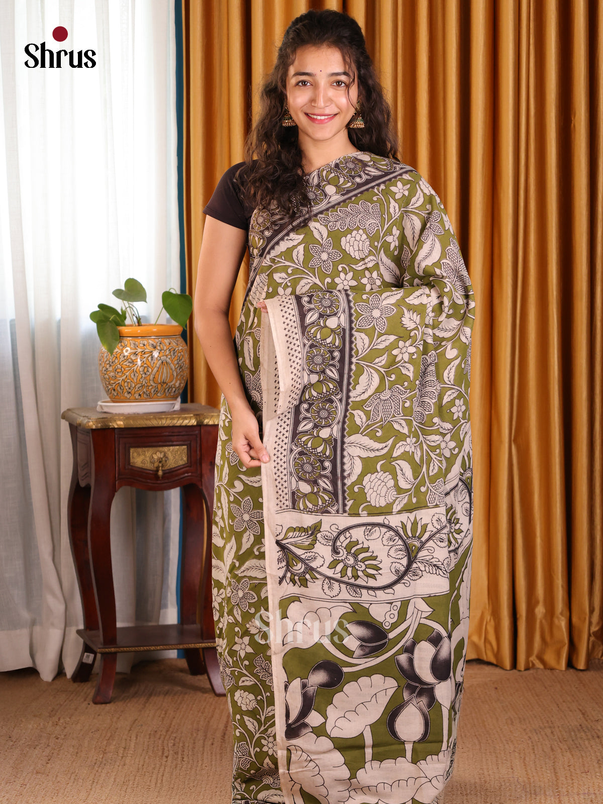 Green & Cream- kalamkari-cotton Saree - Shop on Shrus.com