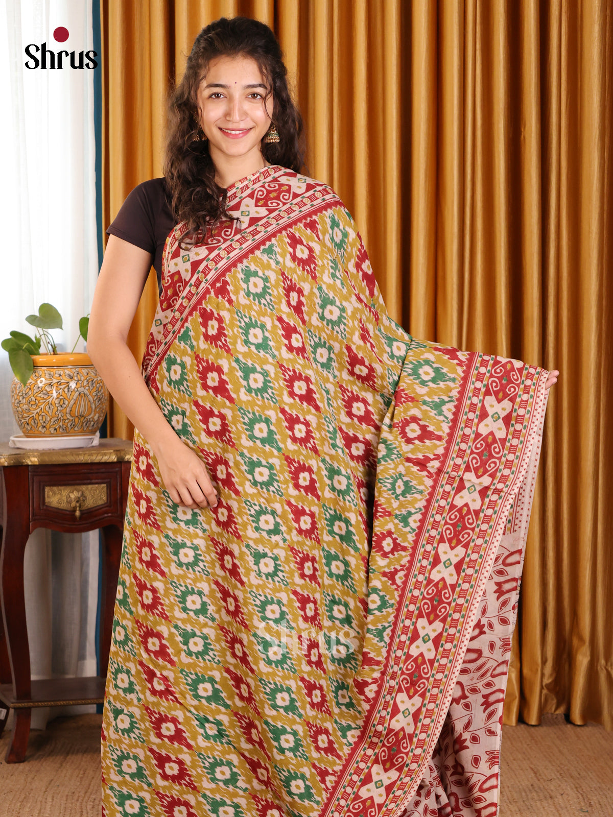 Mustardy Green & Red - kalamkari-cotton Saree - Shop on Shrus.com