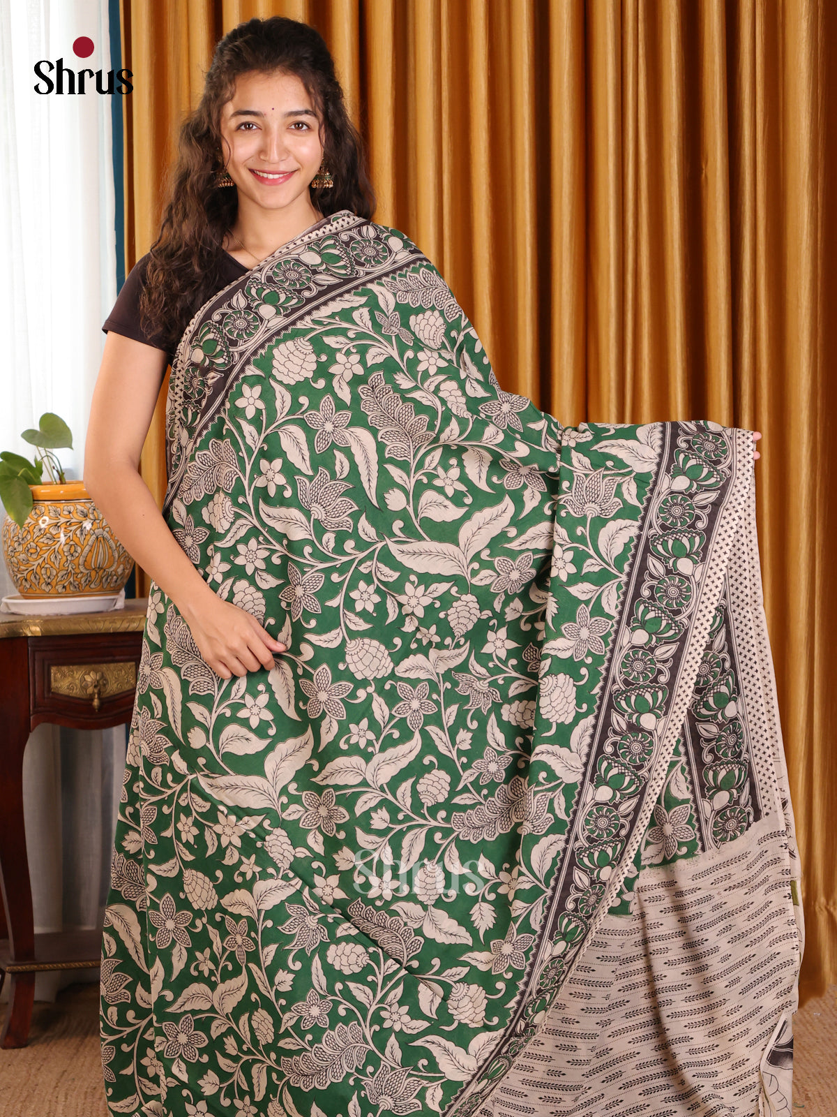 Green & Cream- kalamkari-cotton Saree - Shop on Shrus.com