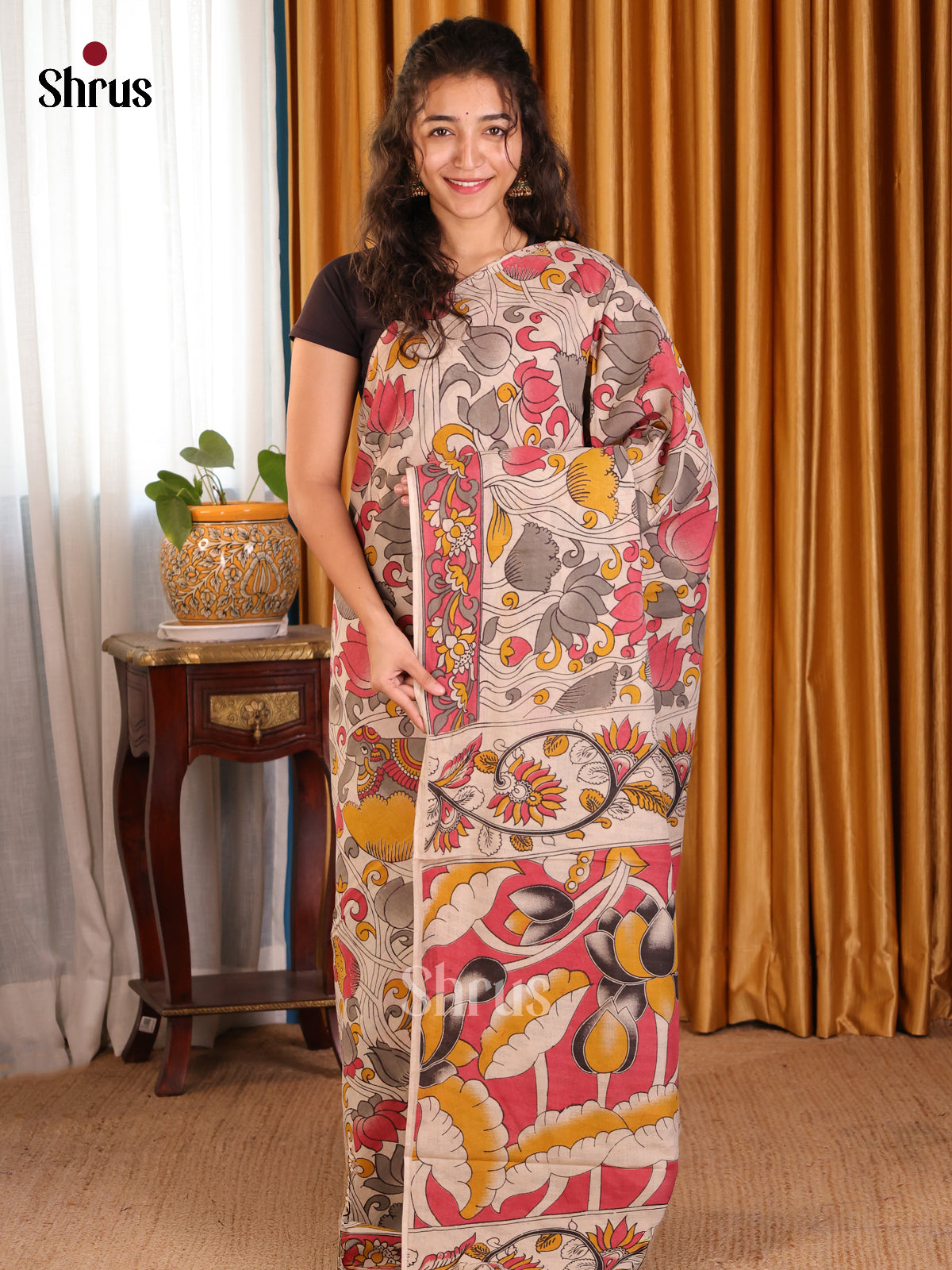 Cream & Pink- kalamkari-cotton Saree - Shop on Shrus.com