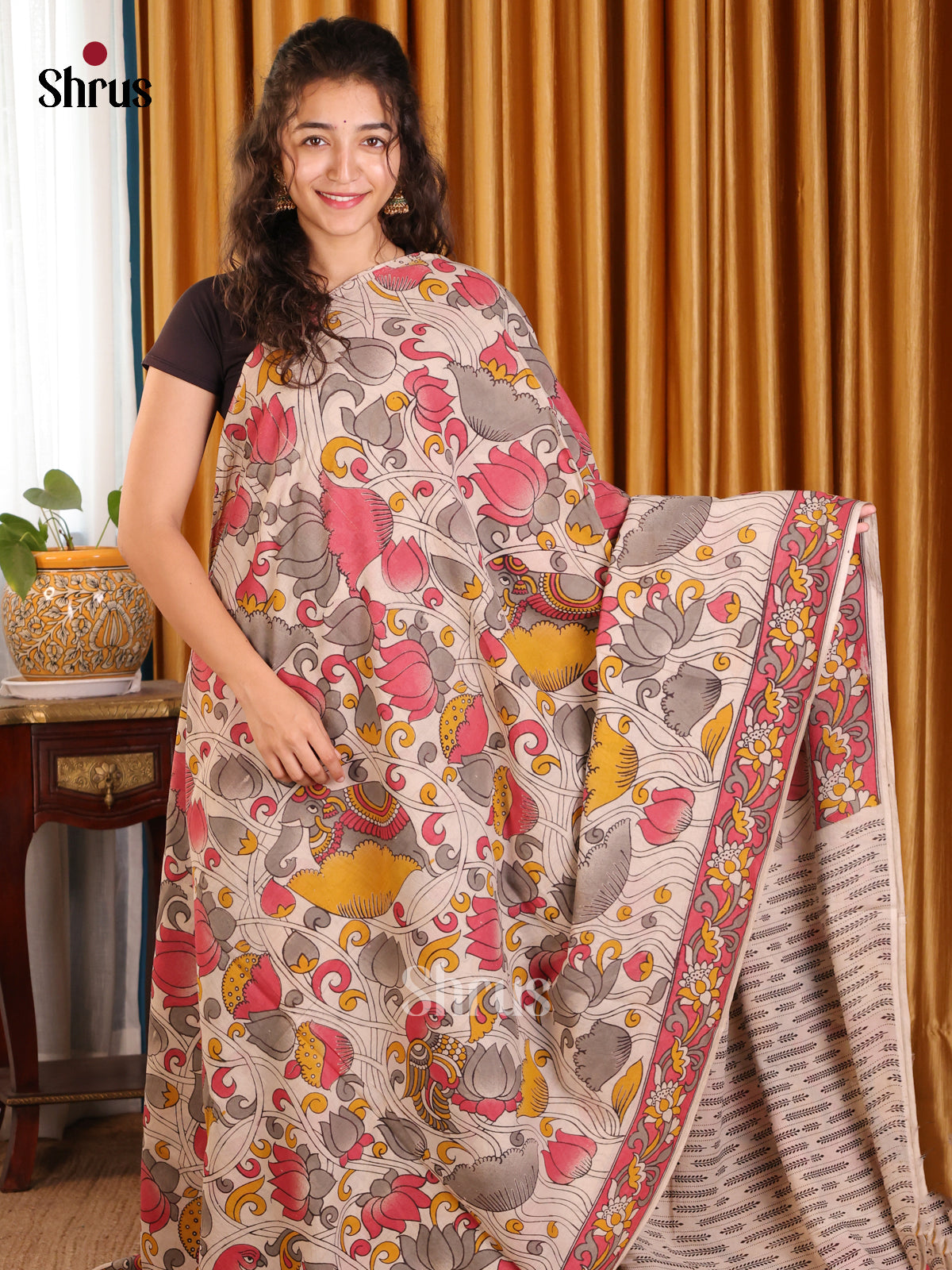 Cream & Pink- kalamkari-cotton Saree - Shop on Shrus.com