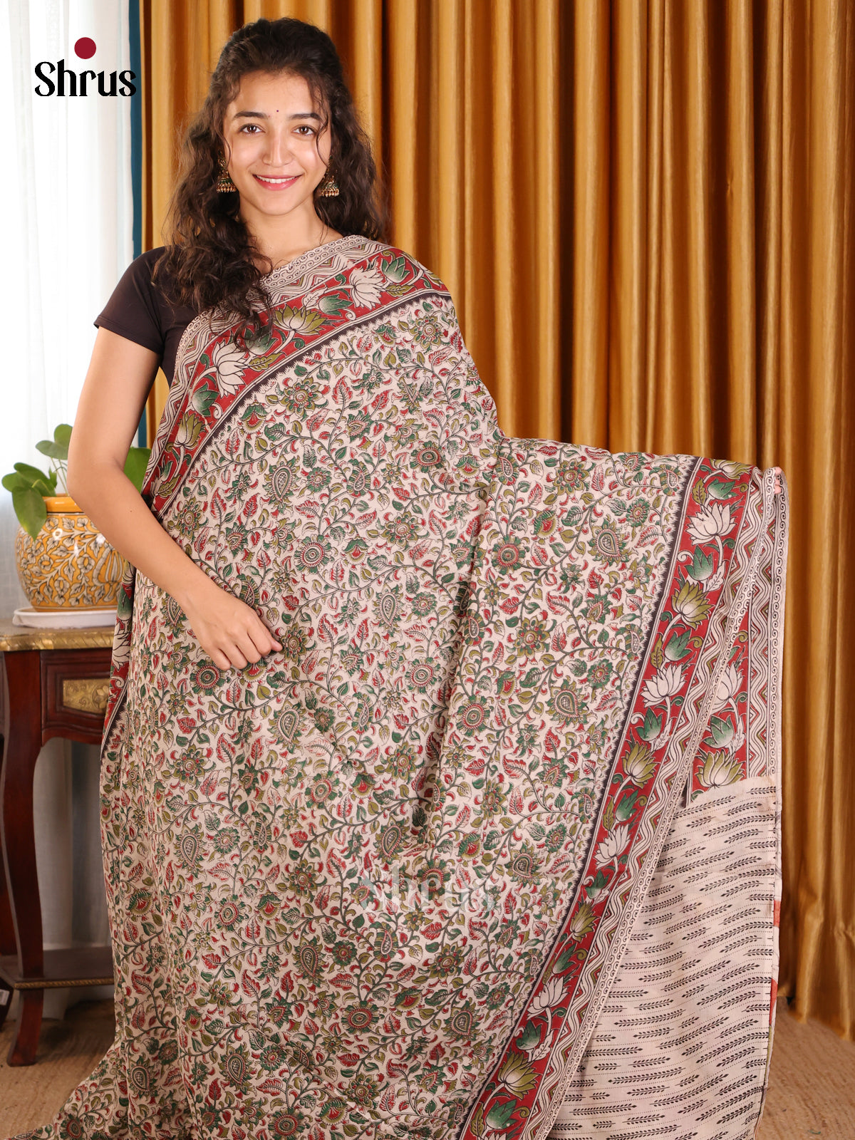 Cream & Maroon - kalamkari-cotton Saree - Shop on Shrus.com